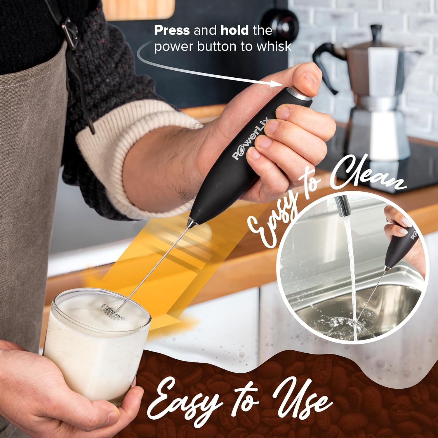 Powerlix Milk Frother Handheld Battery Operated Electric Foam Maker For Coffee, Latte, Cappuccino, Hot Chocolate, Durable Drink