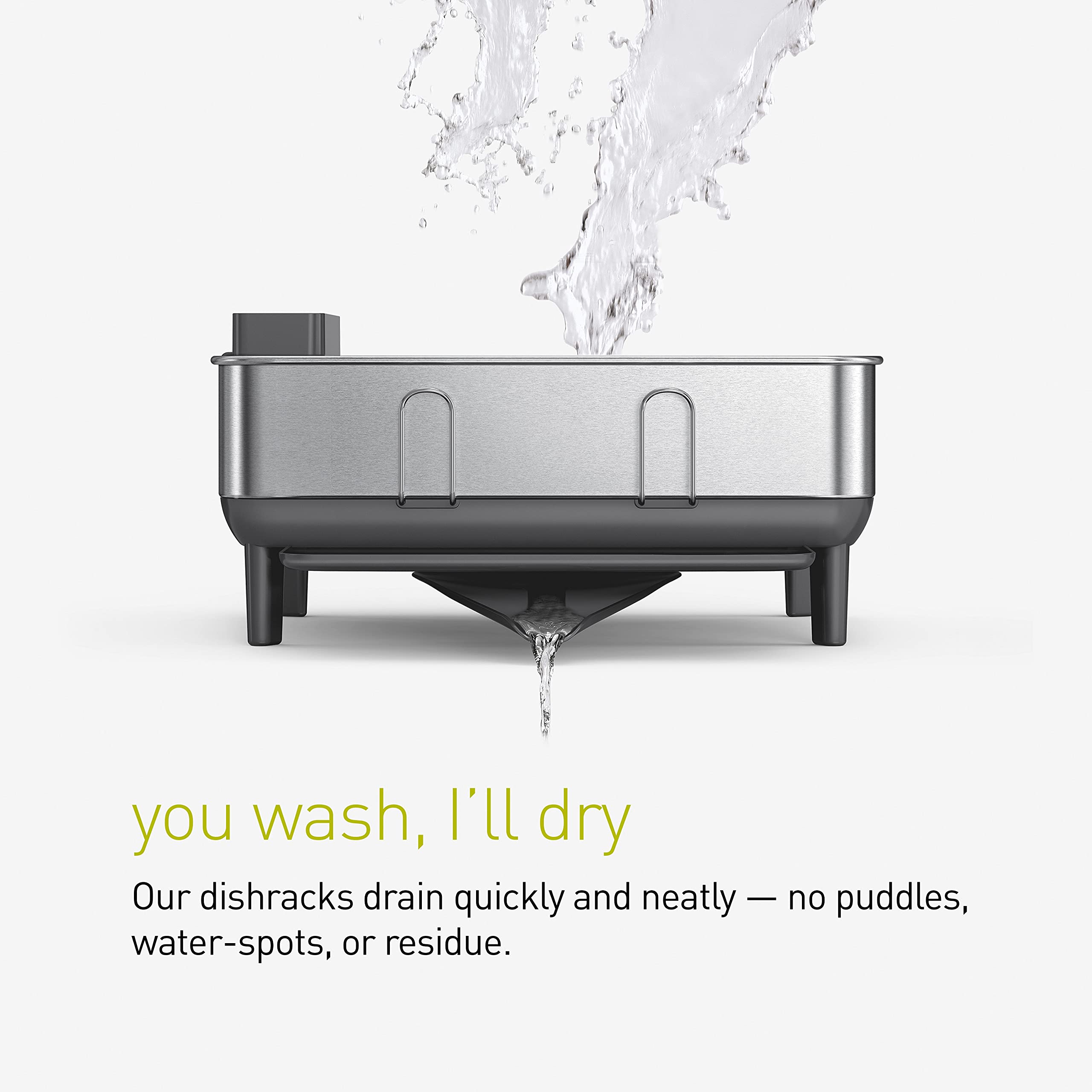Simplehuman Compact Kitchen Dish Drying Rack With Swivel Spout, Fingerprint-Proof Stainless Steel Frame, Grey Plastic