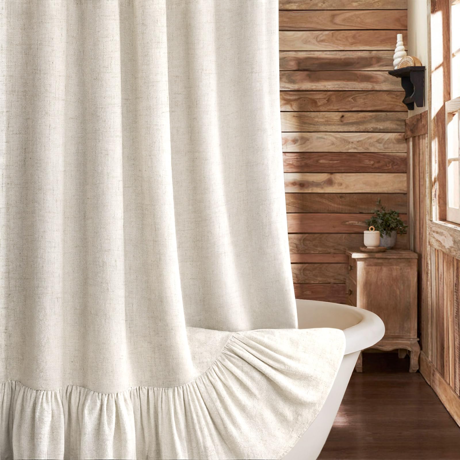 Xoguibo Linen Shower Curtain Boho Farmhouse Shower Curtains For Bathroom, Beige