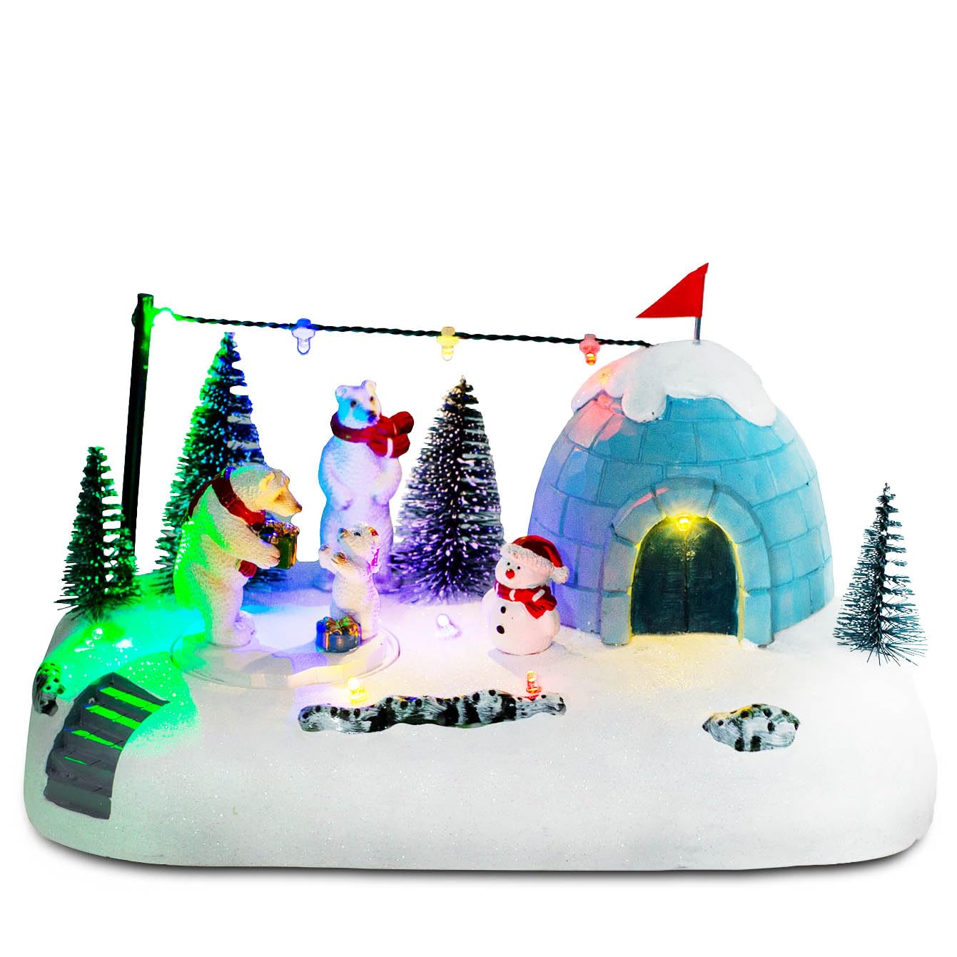 innodept12 Animated Christmas Polar Bear Village Scene - LED Lighted Igloo Winter Diorama with Snowman, Resin Figurines & Rotati