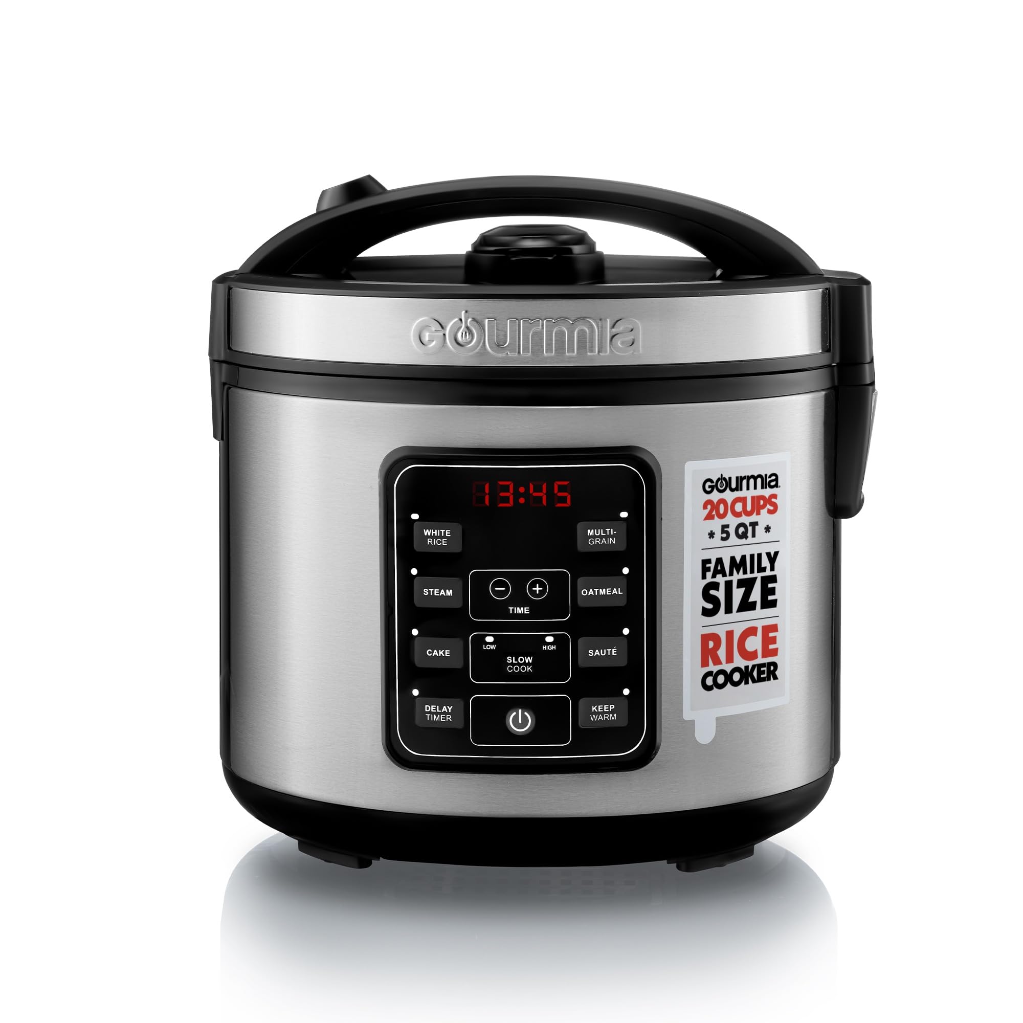 Gourmia Rice Cooker - 5 Qt Capacity, 20 Cup Cooked, 10 Cup Uncooked, Digital Controls, 6 Cooking Presets, Grain Cooker & Steamer
