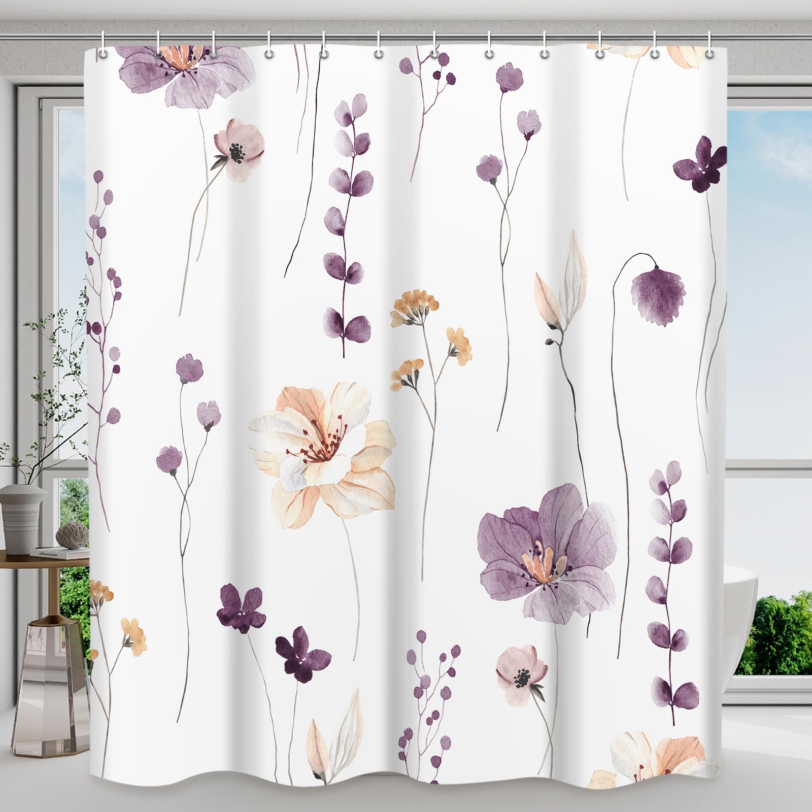 Withloc Shower Curtain Watercolor Flower Shower Curtain Sets - Spring Plum Floral Plant Shower Curtains For Bathroom, Washable M
