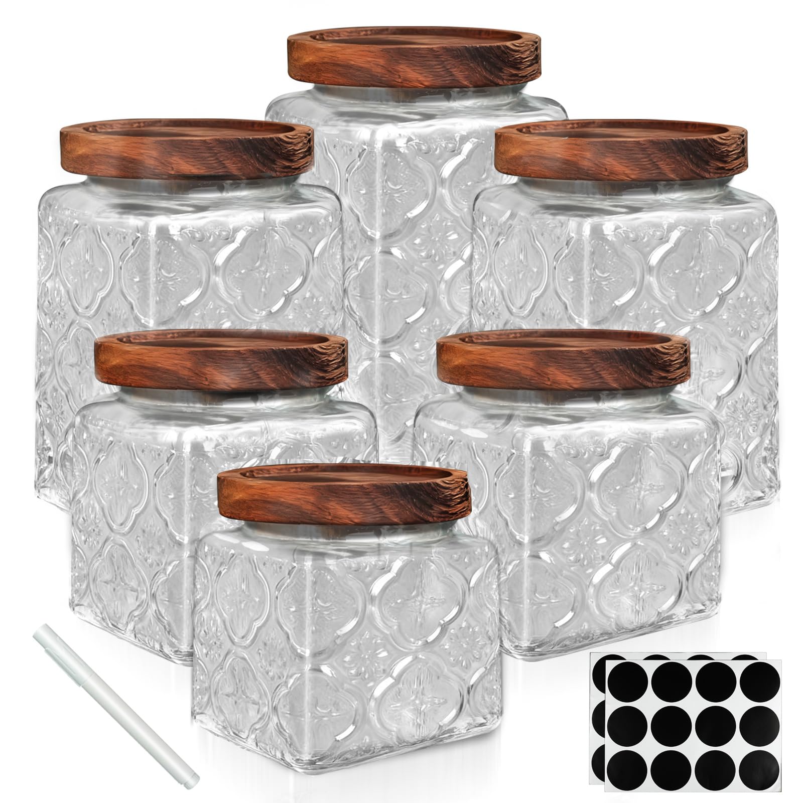 PEDOBALI 6 Pcs Vintage Glass Food Storage Containers with Lid 17, 24 and 34 Oz Square Begonia Pattern Airtight Candy Jar for Kit