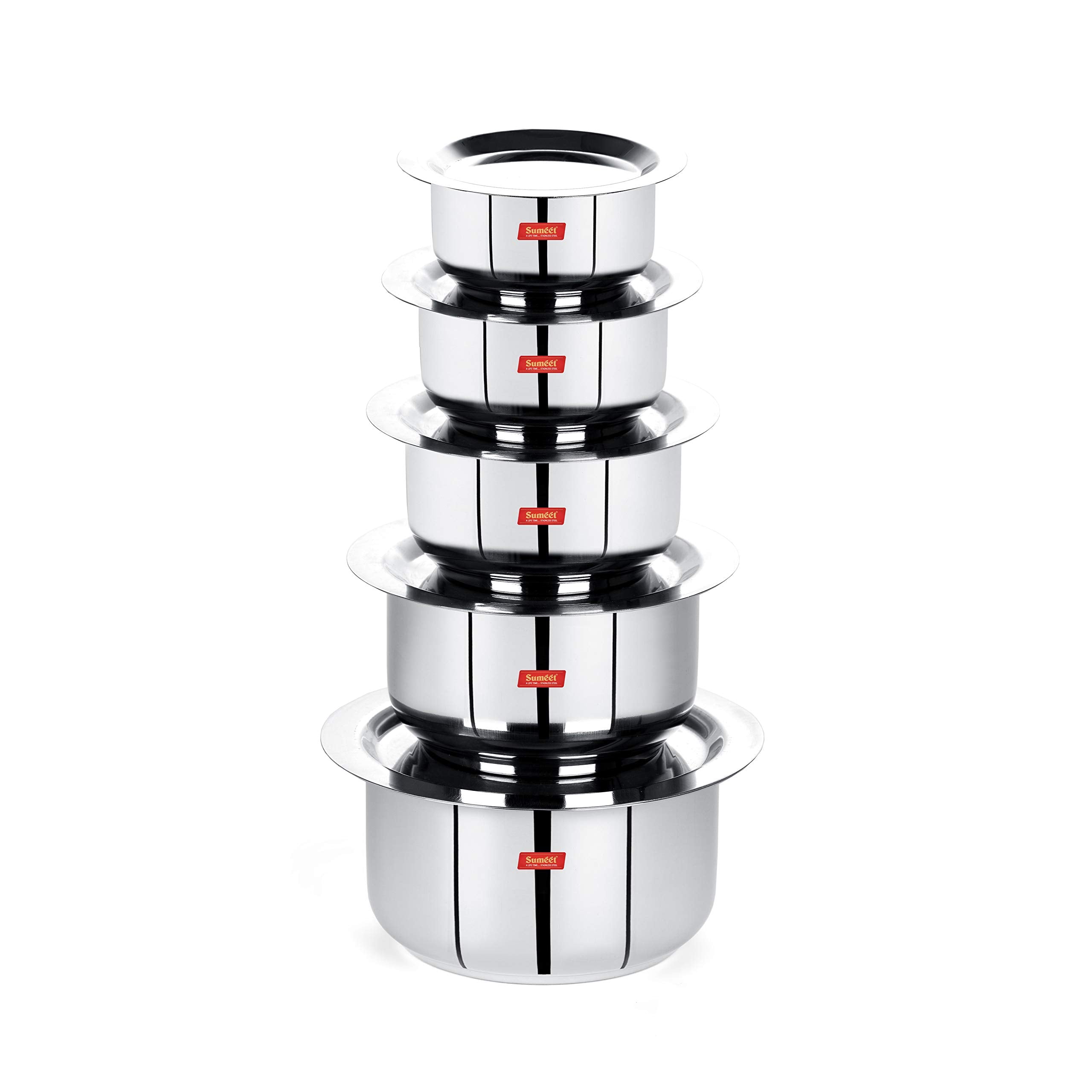 Sumeet Stainless Steel Friendly Tope/Patila/Cookware With Lids, 370Ml, 550Ml, 800Ml, 1100Ml,1400Ml, 5 Piece (Steel)