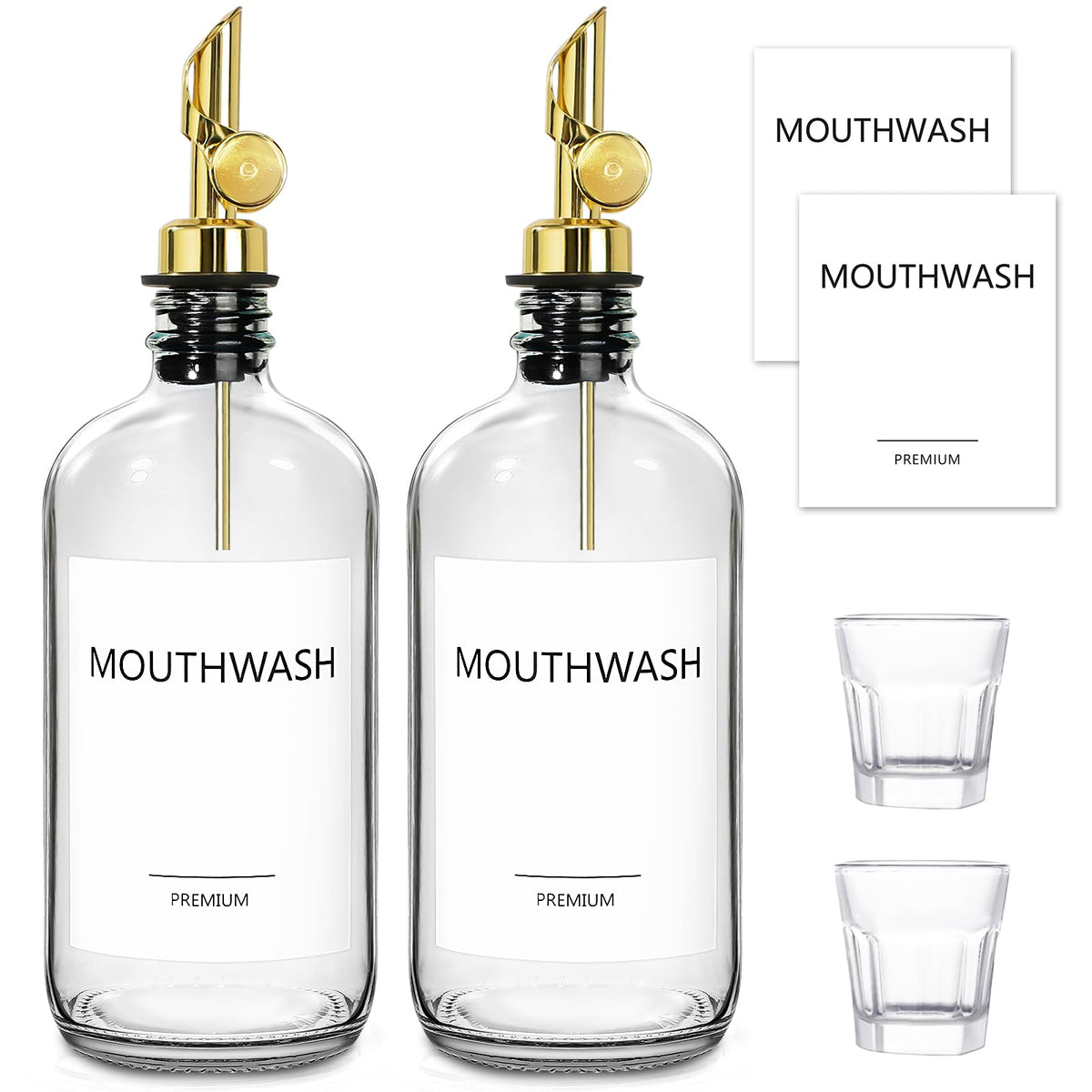 Toldatli Mouthwash Dispenser For Bathroom, Glass Mouthwash Dispenser With Cup, Mouth Wash Container Bottle With Cup, 2 Pack Refi