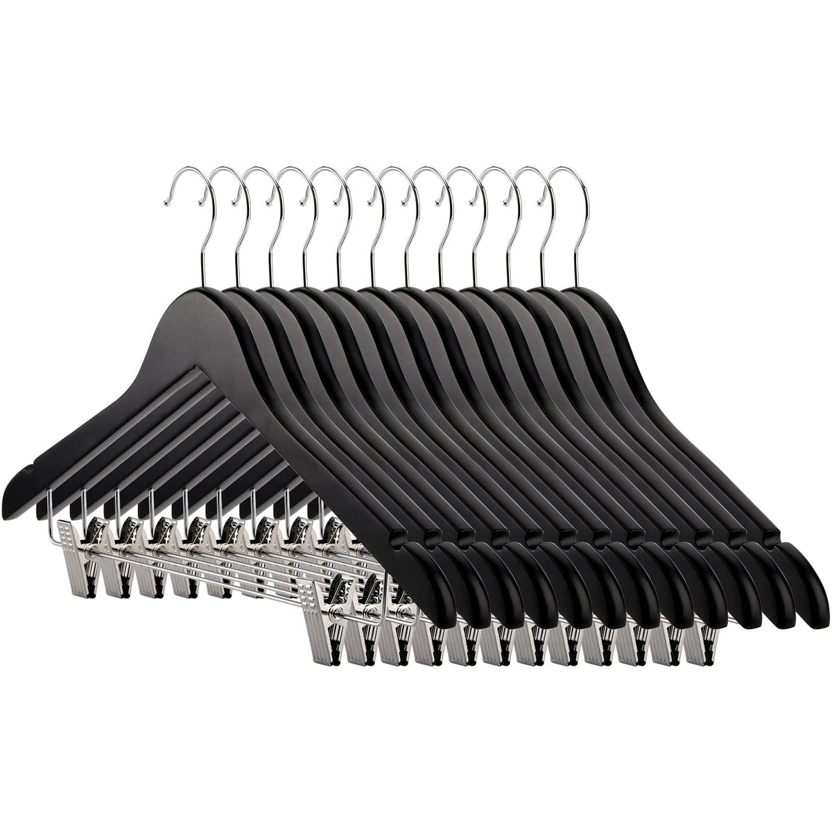 Tosnail 12-Pack Wooden Pants Clothes Hangers, Wooden Suit Hangers With Steel Clips And Hooks, Natural Solid Wood Collection Skir