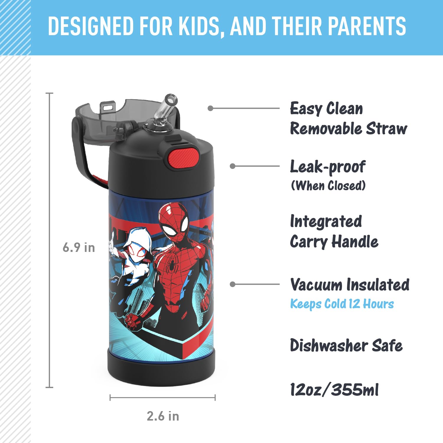 Thermos Funtainer Water Bottle With Straw - 12 Ounce, Spider-Man - Kids Stainless Steel Vacuum Insulated Water Bottle With Lid