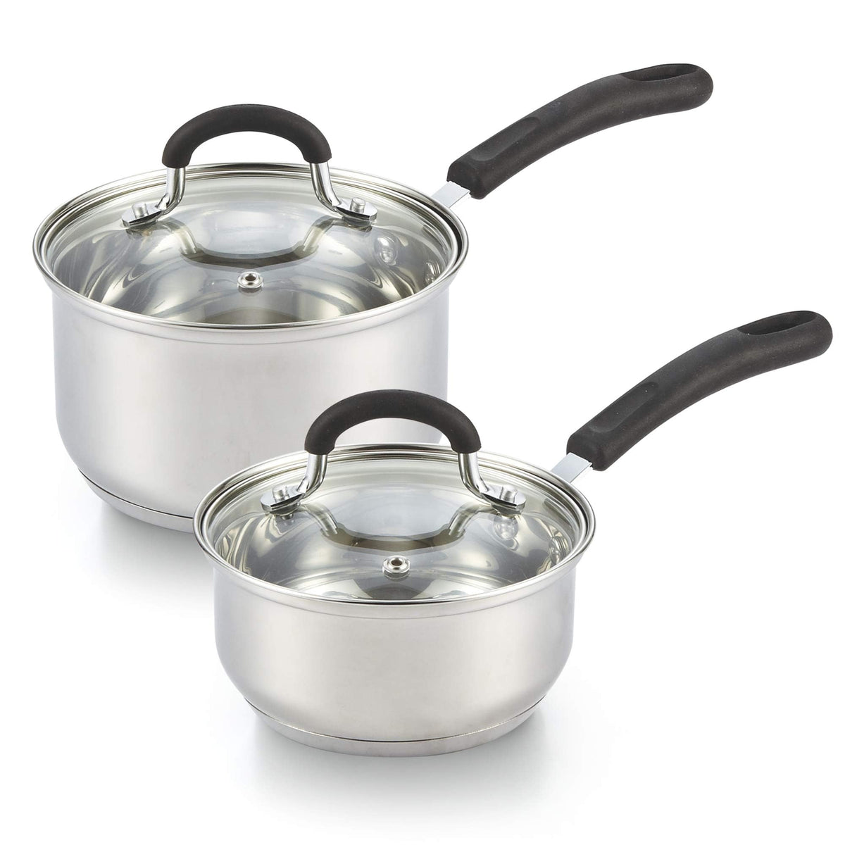 Cook N Home Saucepan Set Sauce Pot With Lid 1Qt And 2Qt Stainless Steel, Stay Cool Handle, Silver