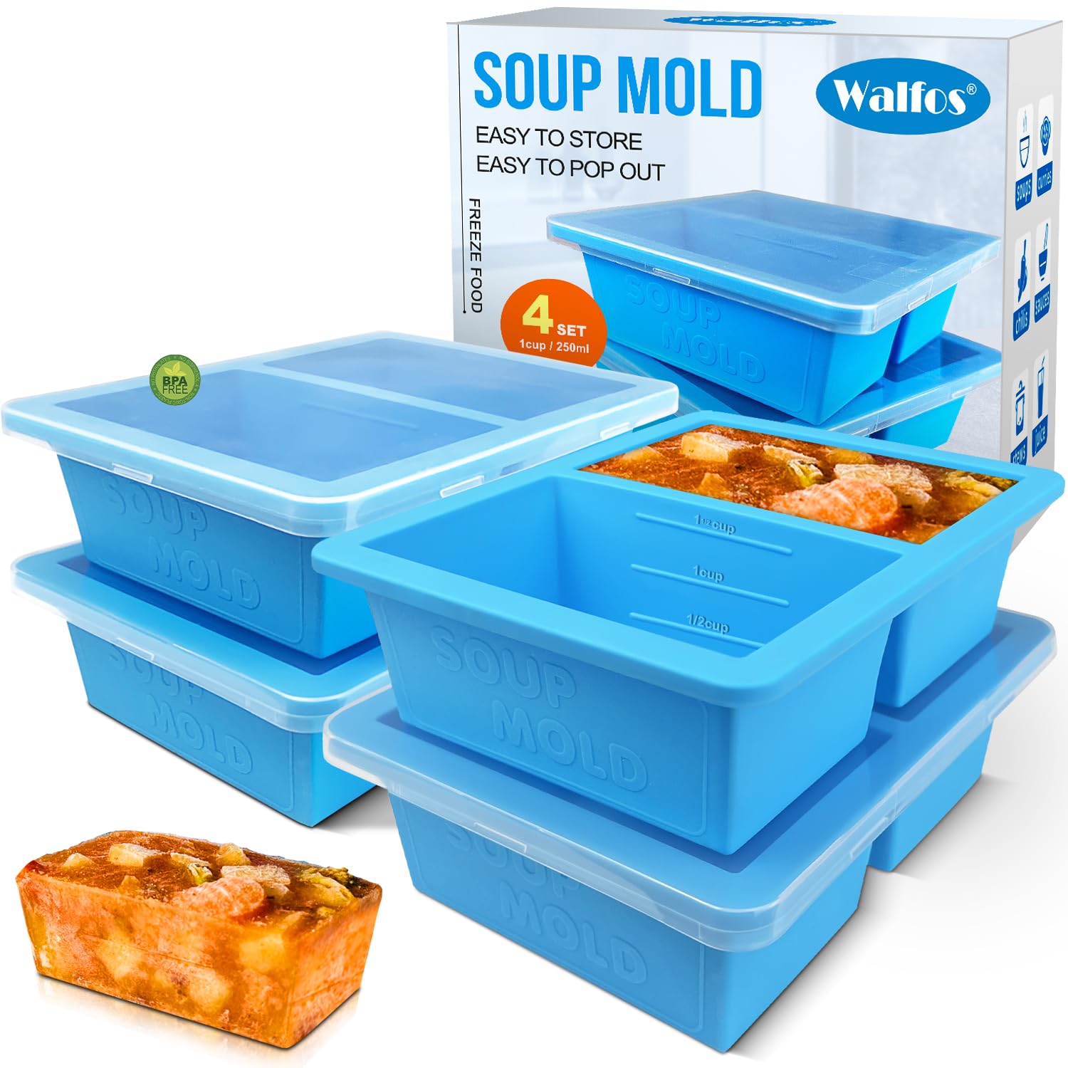 Walfos Silicone Freezer Tray With Lid - 1.5Cup Silicone Food Freezer Tray - Soup, Sauce, Leftovers, Homemade Meal Prep Freezing 