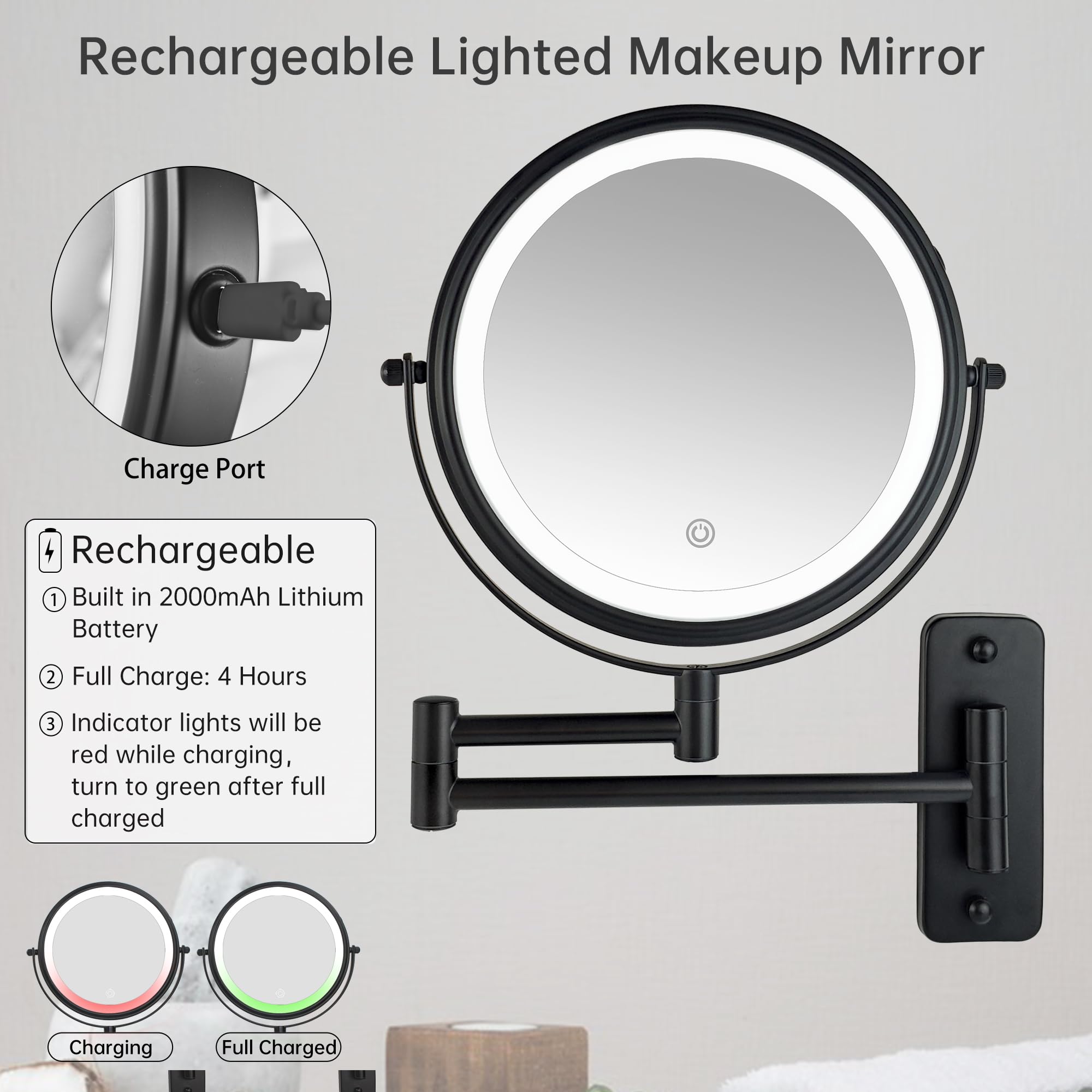 Janeeva 8'' Wall Mounted Lighted Makeup Mirror,Rechargeable Double Sided 1X/10X Magnifying Mirror With 3 Color Lights,Touch Dimm