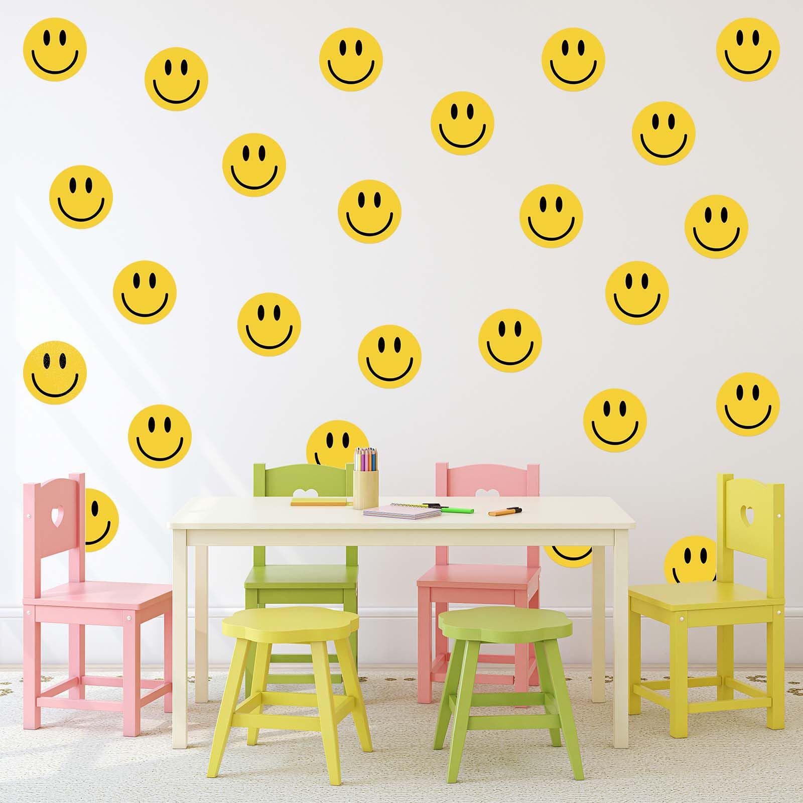 Jarthenaamcs 9 Sheets Preppy Smile Wall Stickers Yellow Happy Face Pvc Decorative Wall Decals Mural Vinyl Self-Adhesive Wall Dec