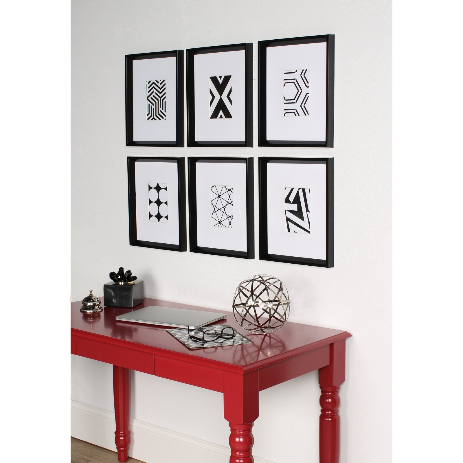 Kate And Laurel Calter 6 Framed Modern Black And White Geometric Abstract Art Prints, Black