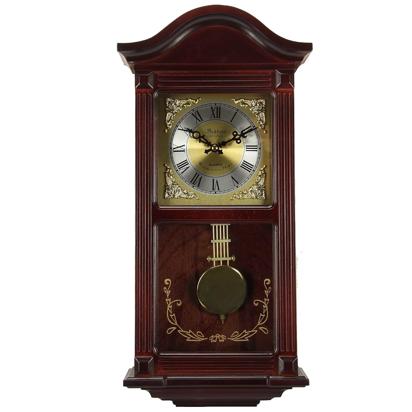 Bedford Clock Collection BED1423MAH Small Wood Wall Clock with Brass Pendulum and 4 Chimes, 22 Inch, Mahogany Cherry Oak