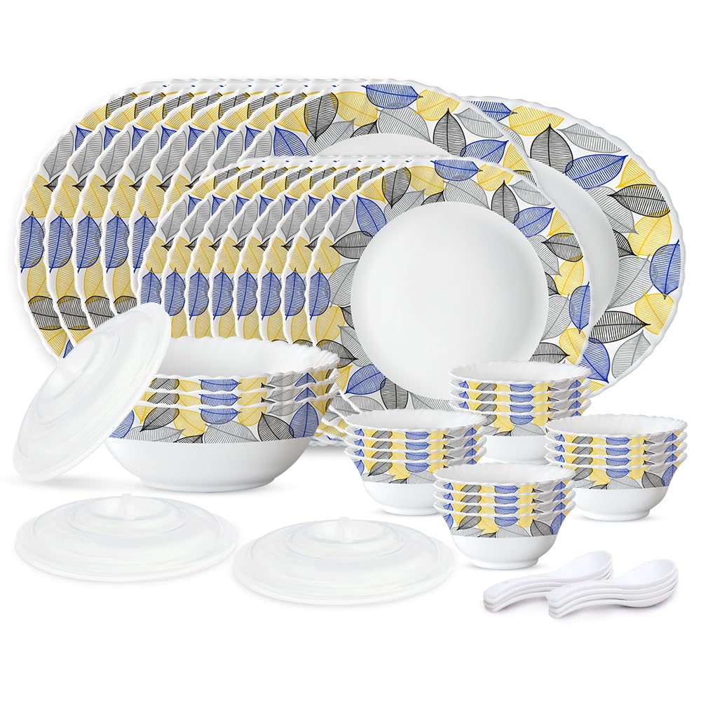 Larah By Borosil Silk Series Kora Opalware Dinner Set | 47 Pieces For Family Of 8 | Microwave & Dishwasher Safe | BoneAsh Free 
