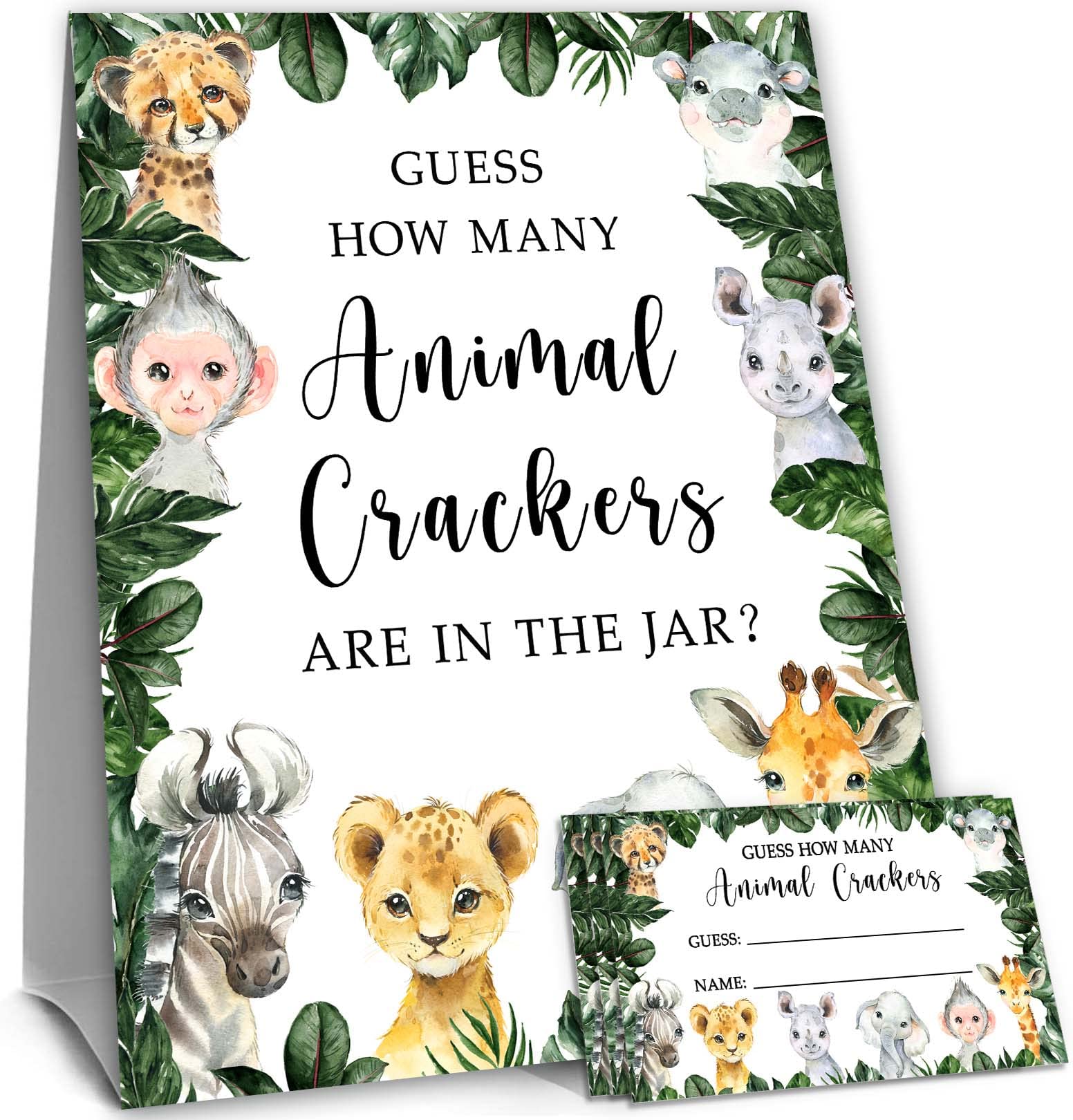 Yuzioey Safari How Many Animal Crackers Guessing, Jungle Animals Guessing Game Cards, 50 Cards and Matching Sign, Safari Baby Sh