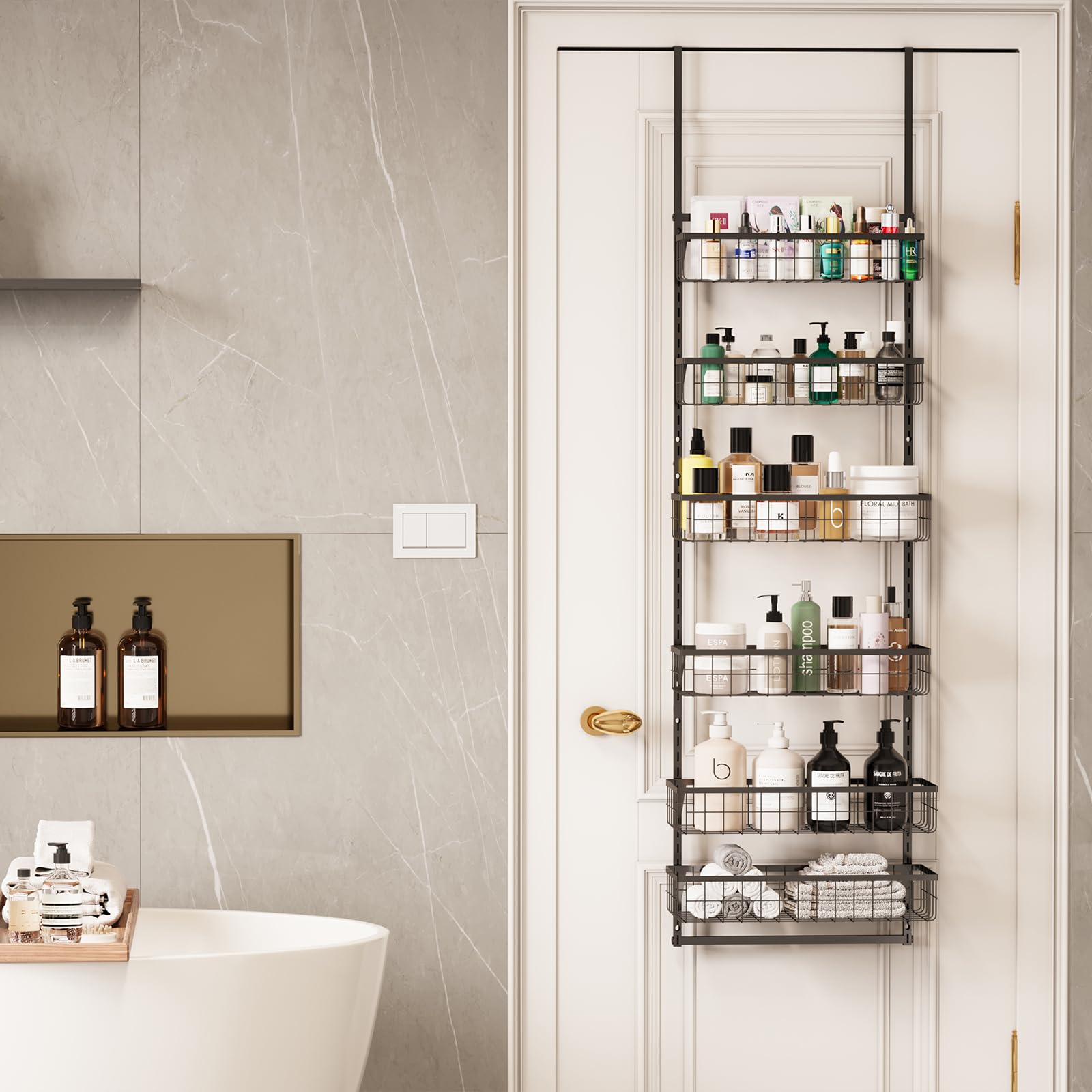LUMAMU Over The Door Bathroom Organizer, 6-Tier Adjustable Metal Baskets Hanging Bathroom Organizer, Over The Door Organizer wit