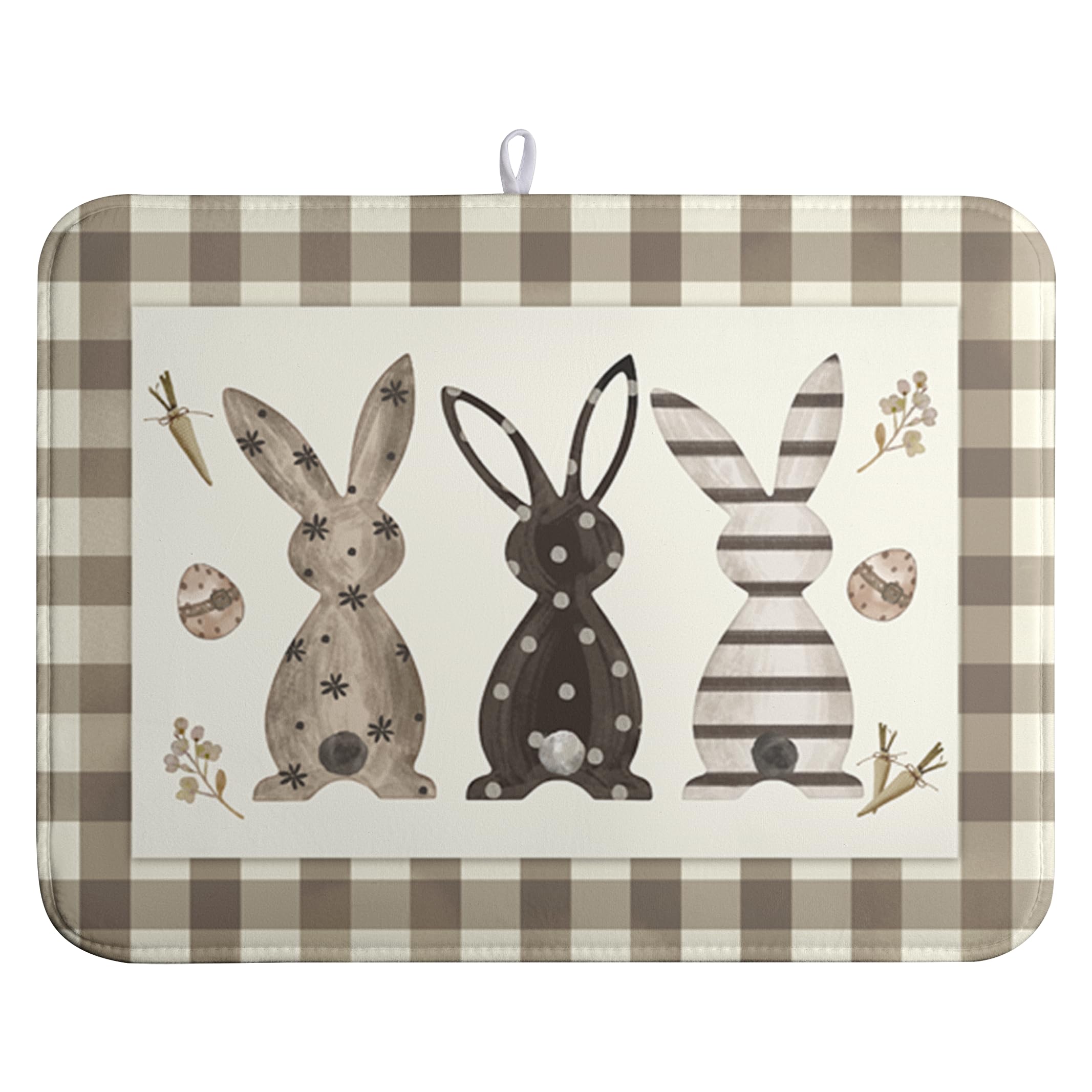 Wnoesat Easter Dish Drying Mat for Counter Bufflao Plaids Bunny Dish Mat Cute Rabbits Eggs Carrot Absorbent Microfiber Dish Drai