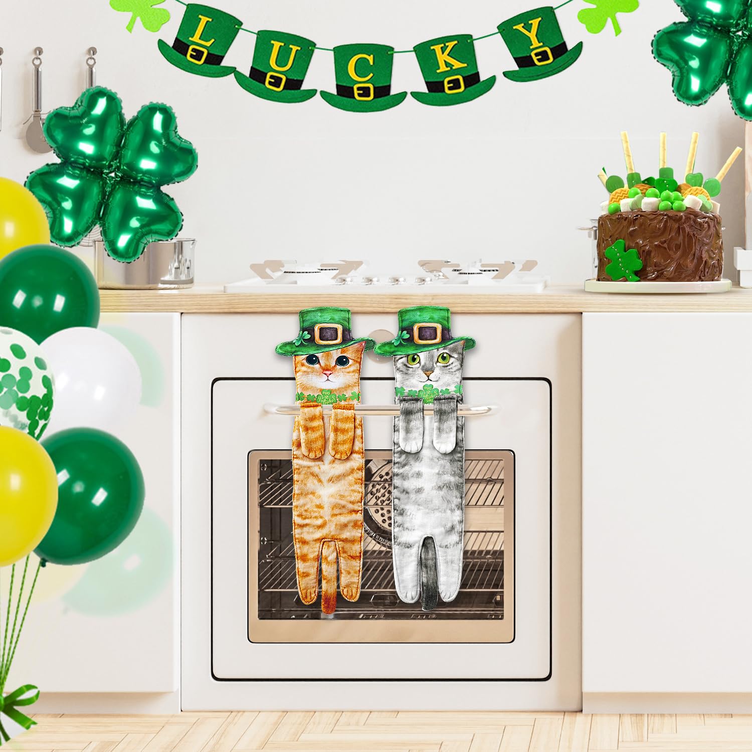 Funny St Patricks Day Cat Hand Towels For Bathroom Kitchen - Cute Green Shamrock Decorative Cat Decor Hanging Towels Super Absor