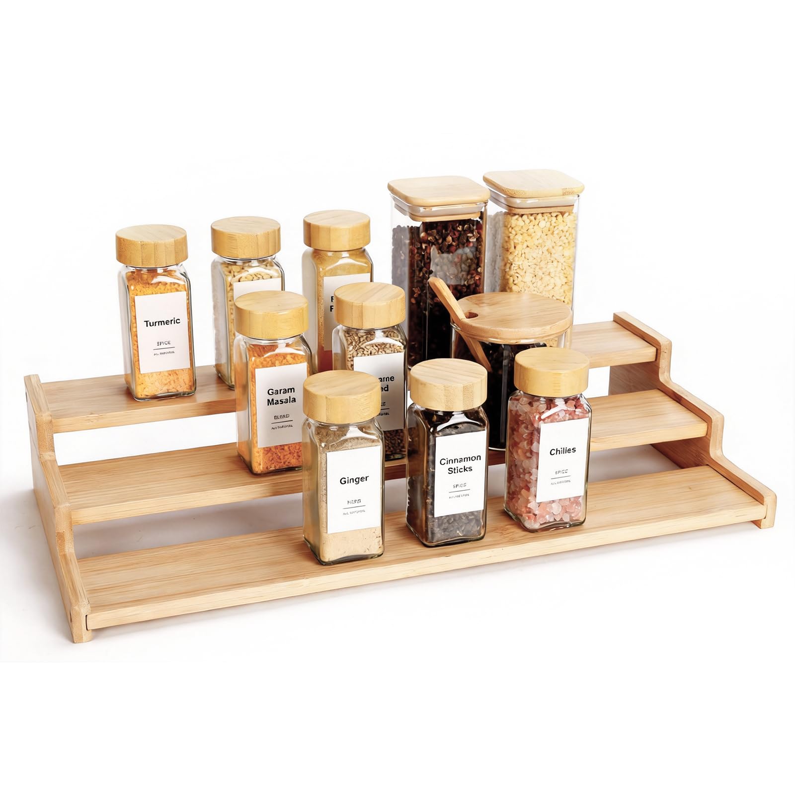 Nurtopia Spice Rack Organizer for Cabinet, 18in Bamboo Tiered Spice Rack,Used for Kitchen Countertops and Food Storage Room Orga