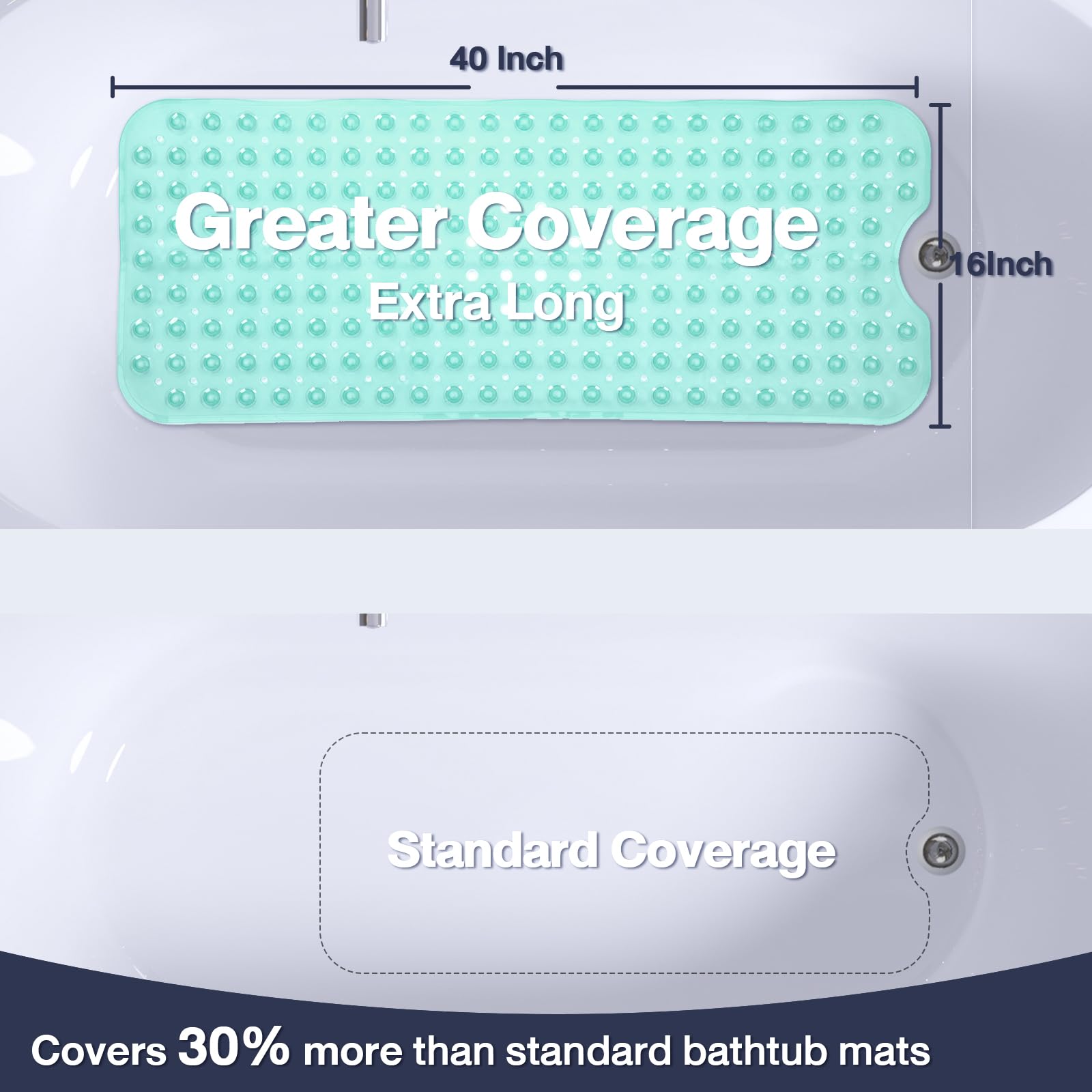 Naoloture Extra Long Bathtub Mat Non Slip, Clear Green Soft Bath Mat For Tub 40 X 16 Inch Full Size, Bath Tub Shower Mats For Ba