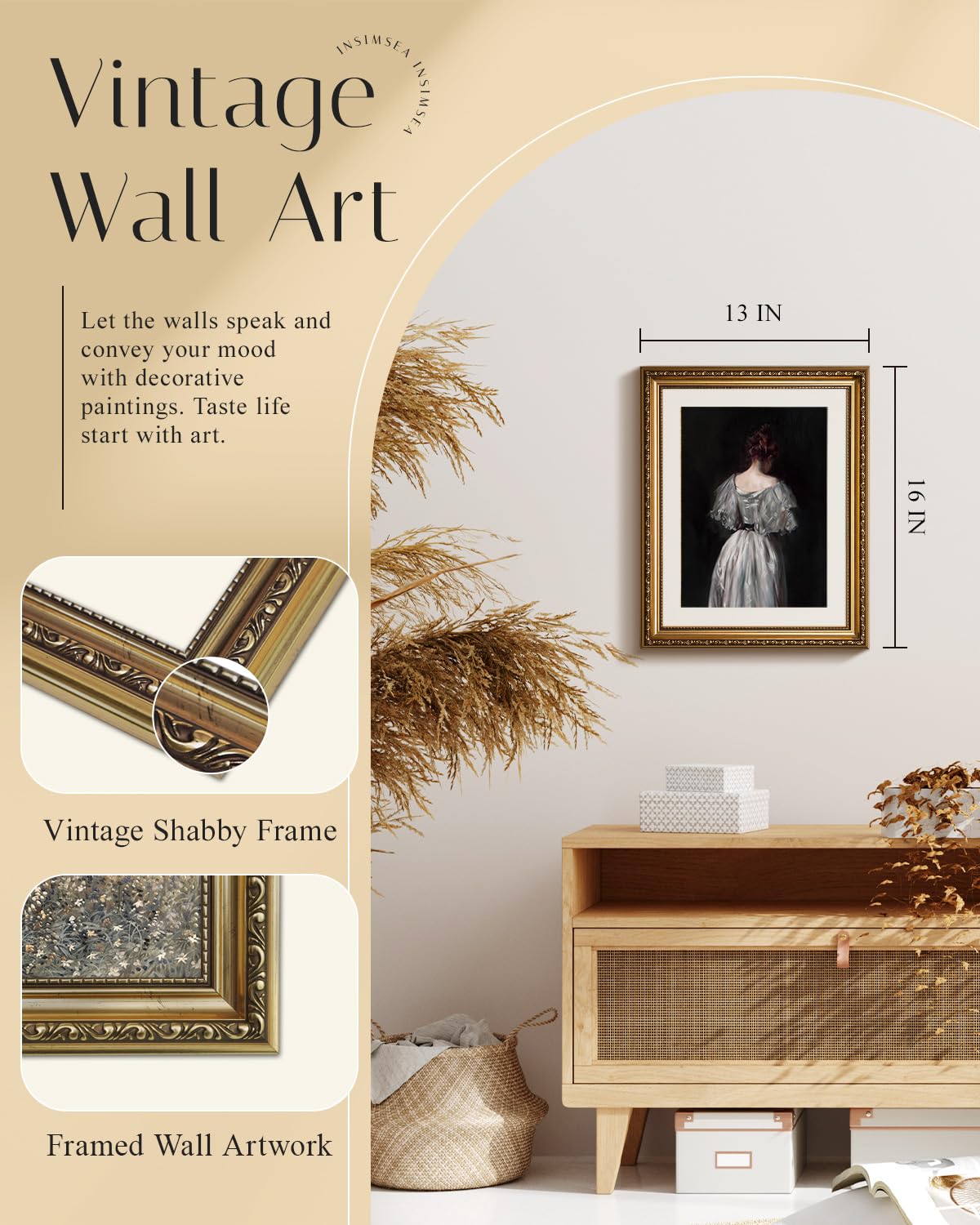 Insimsea Gold Picture Framed Wall Art, Living Room Bedroom Bathroom Seventeenth Century Lady Pictures Wall Decor, Canvas Print A