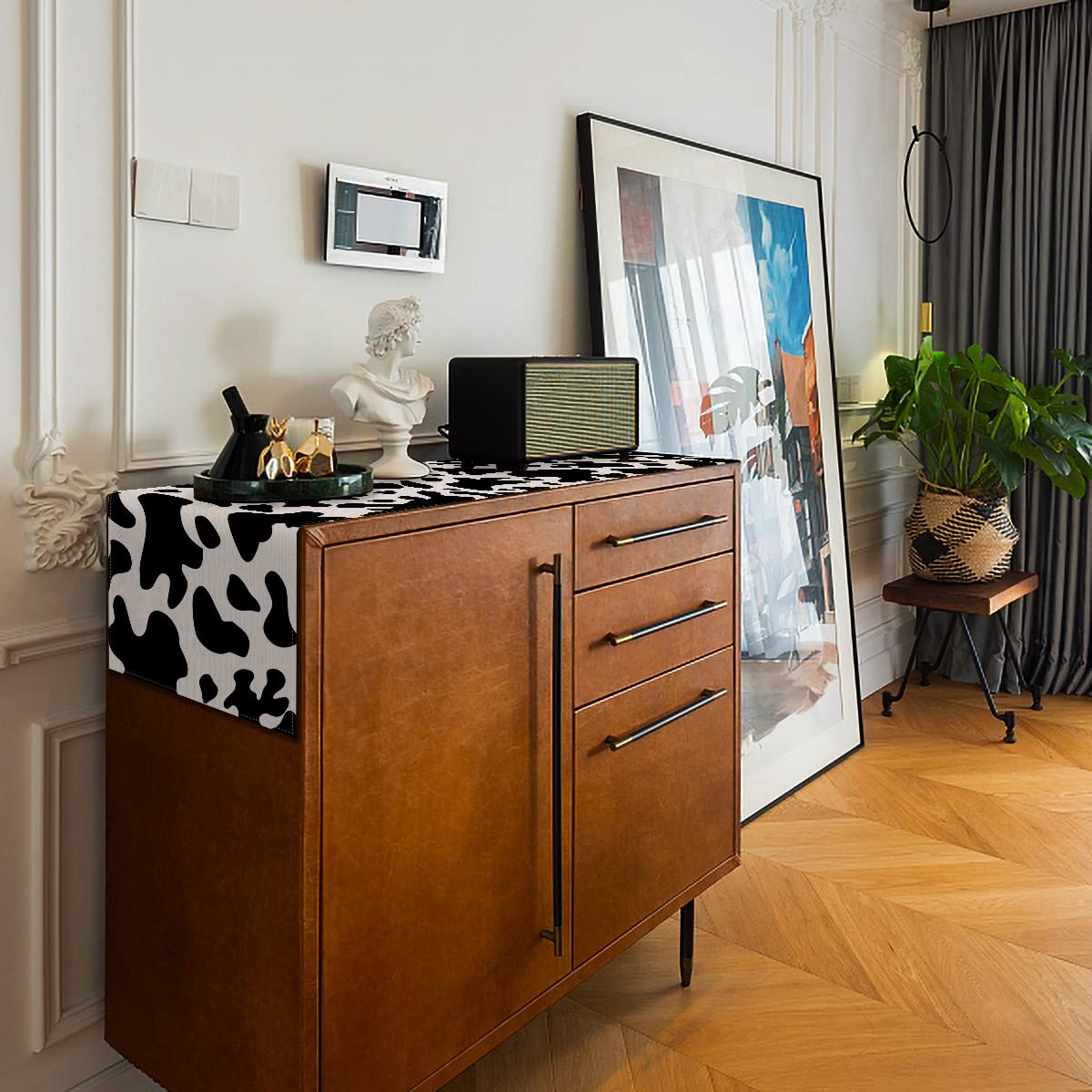 Nepnuser Linen Cow Print Table Runner Farm Cowboy Themed Birthday Party Decoration Dining Room Kitchen Home Decor (13'' X 72'')