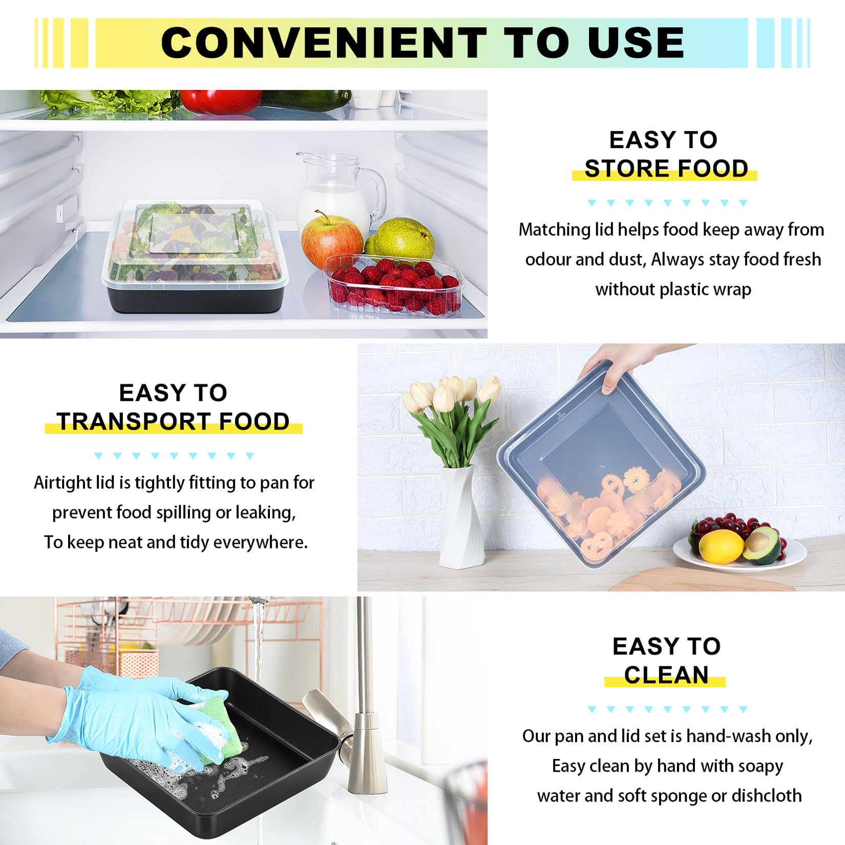 P&P Chef Square Baking Pan With Lid Set, 8 Inch Non-Stick Square Cake Pans For Oven Cooking Brownie Lasagna, Stainless Steel Cor