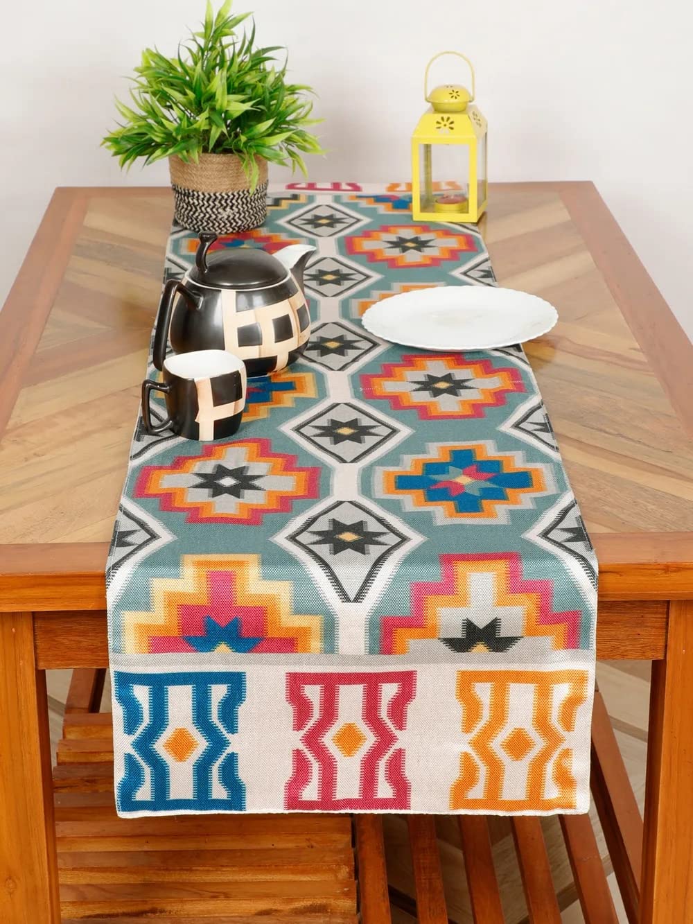 pepme Cotton Polyester Printed Table Runner, Squares, 54x14, Purple, Blue, Mustard