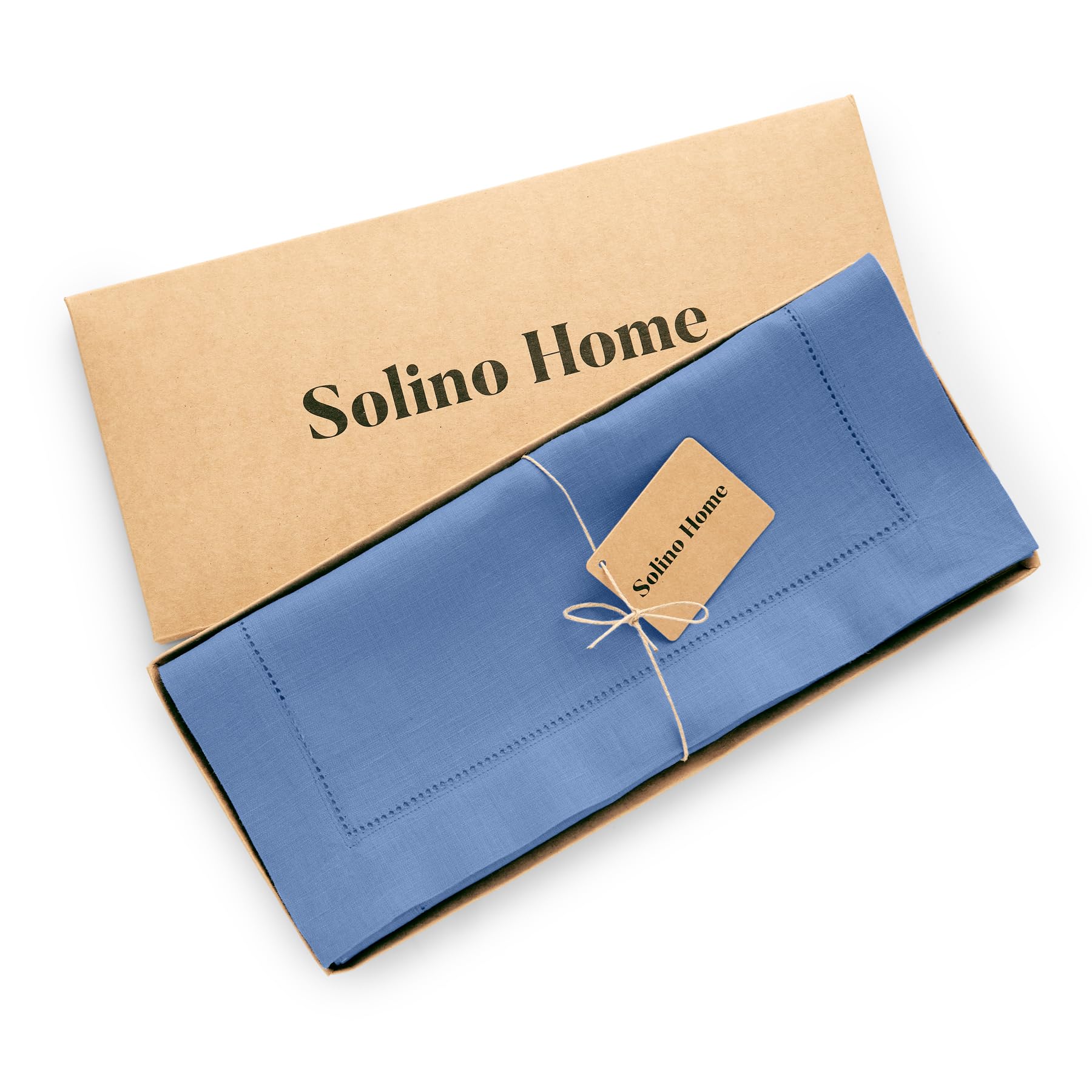 Solino Home Linen Blue Table Runner 60 Inch - 100% Pure Linen Hemstitch Short Table Runner 14 X 60 Inch Ideal For Dresser And Co
