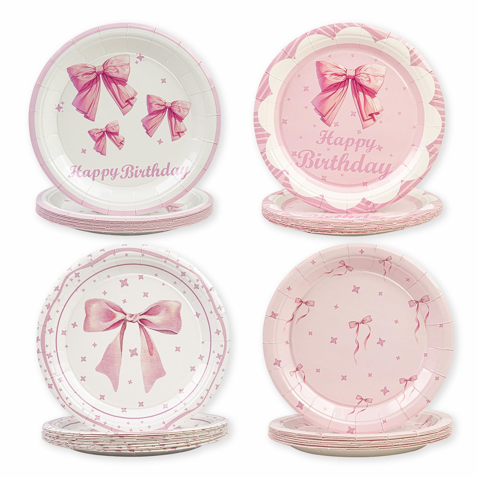 48Pcs Bow Plates, Pink Bow Birthday Plates 7 Inch Pink Disposable Paper Plates Coquette Cute Tableware Dinnerware Sets Girl Brid