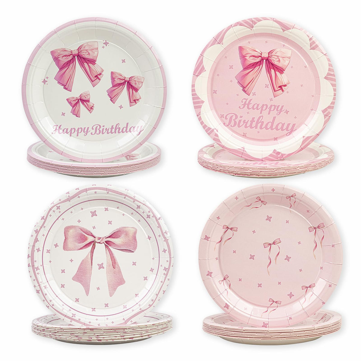 48Pcs Bow Plates, Pink Bow Birthday Plates 7 Inch Pink Disposable Paper Plates Coquette Cute Tableware Dinnerware Sets Girl Brid