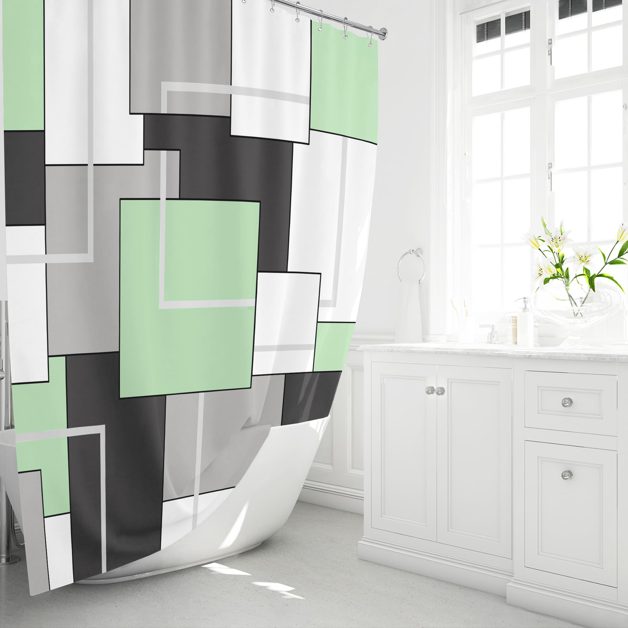 Bttn Mint Green Fabric Shower Curtain, Modern Geometric Neutral Cloth Shower Curtain Set With Hook, Weighted Hem, White Black Gr