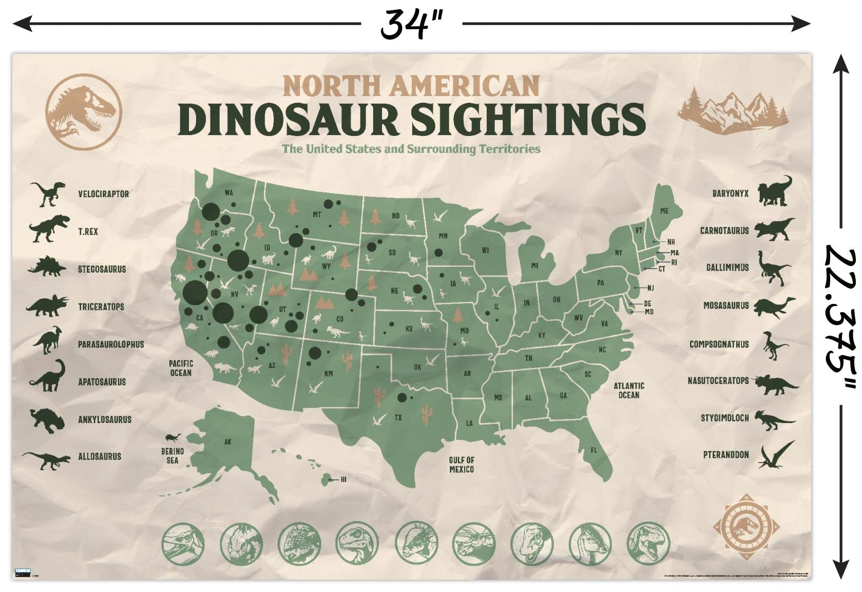 Trends International Jurassic World: Dominion - North American Dinosaur Map Wall Poster, 22.375'' X 34'', Unframed Version