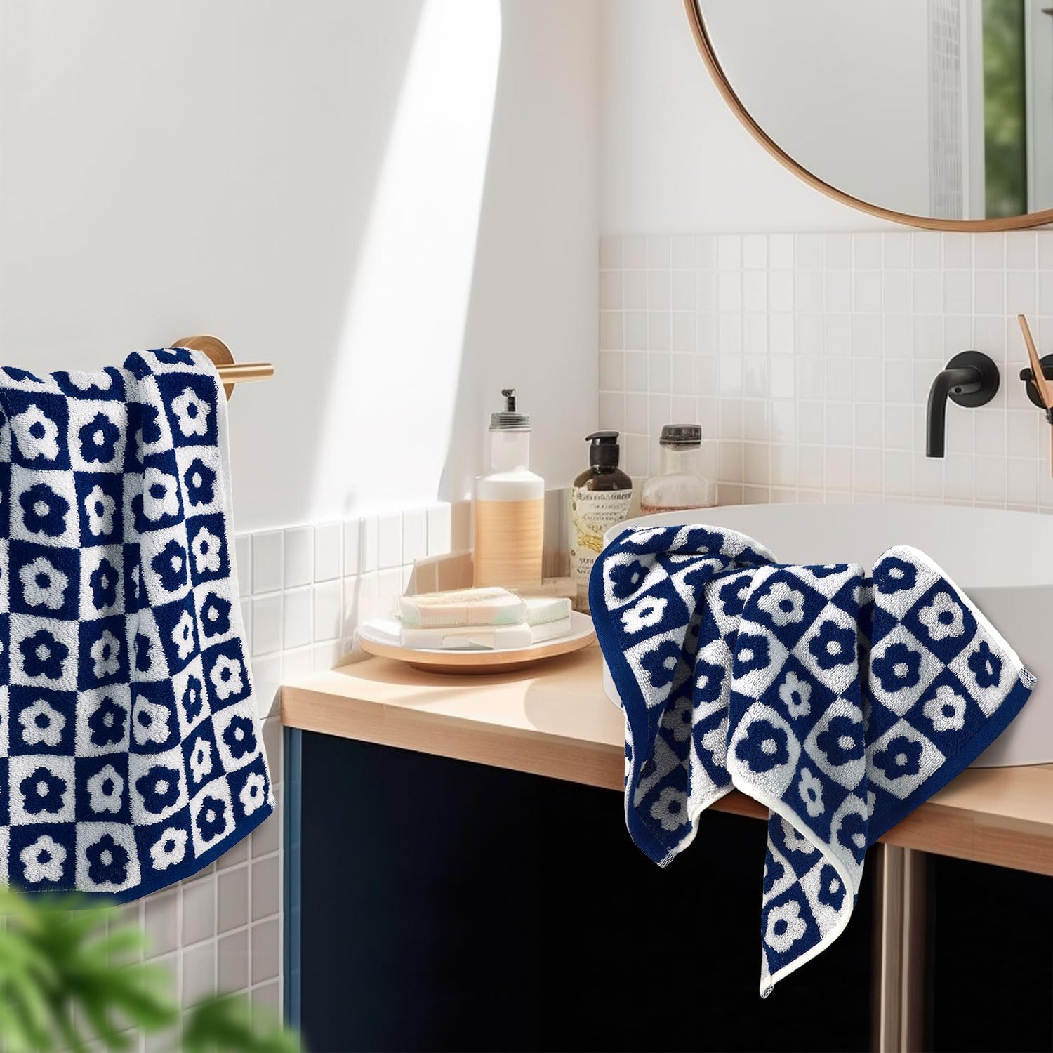 Jacquotha Hand Towels For Bathroom Navy Blue & White - Checkered Floral Decorative Hand Towel Set Of 4, 100% Cotton, 13X29 Inche