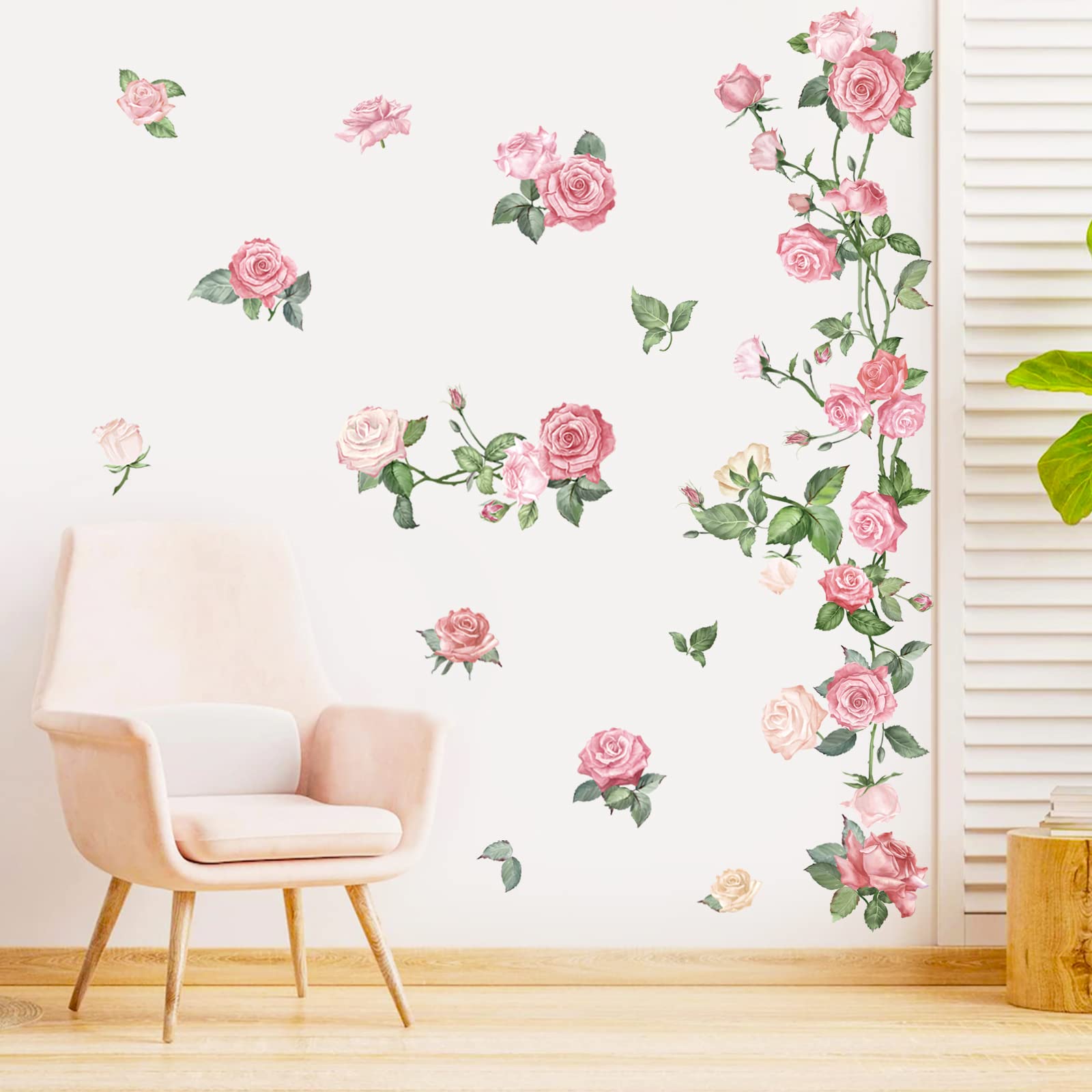 Decalmile Pink Rose Flower Wall Decals Floral Vine Wall Stickers Living Room Bedroom Nursery Wall Decor Gifts For Her Mom