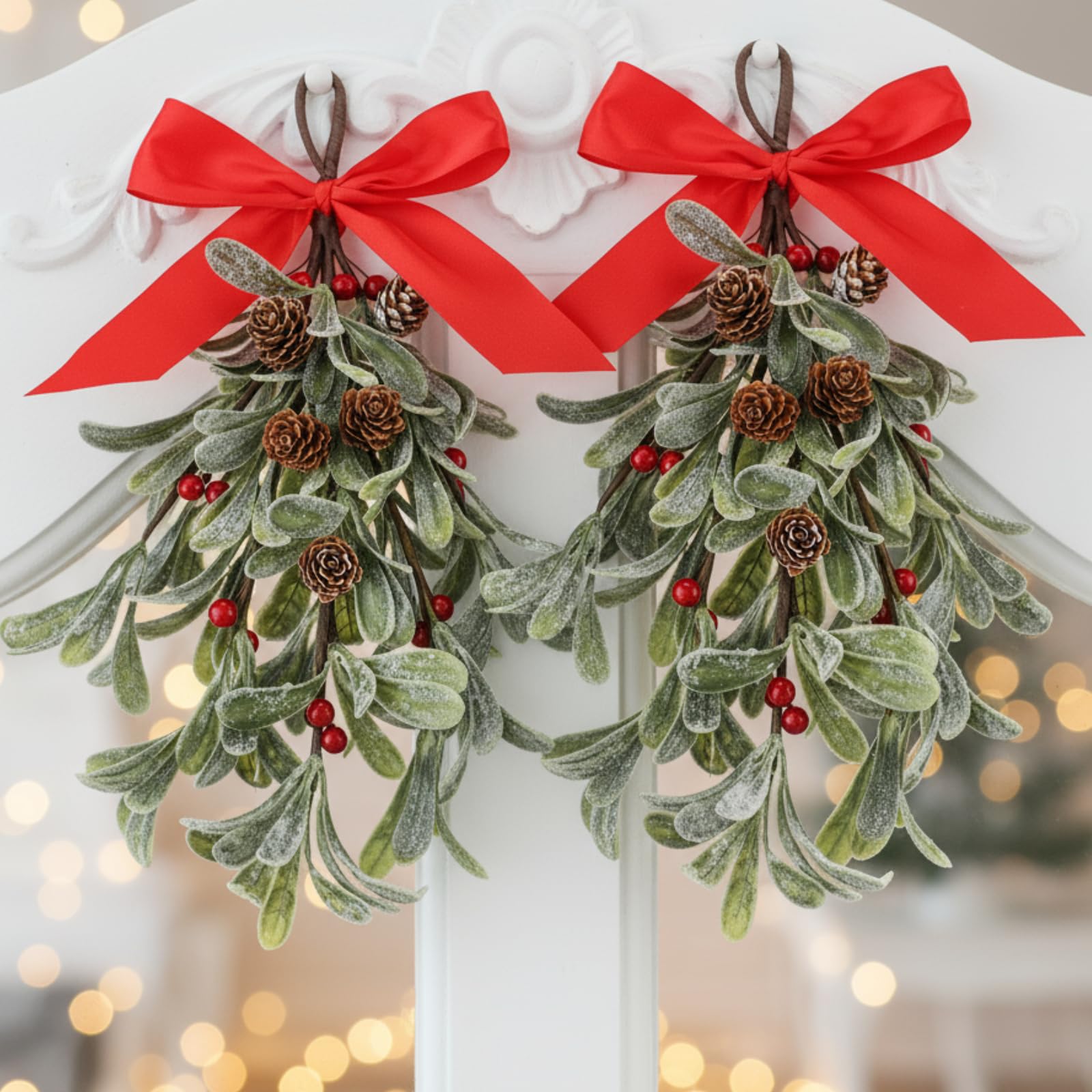 Daifunli 2 Pcs 12 '' Red Large Christmas Mistletoe Decor Xmas Holiday Artificial Mistletoe Giant Kissing Hanging Bouquet Christm