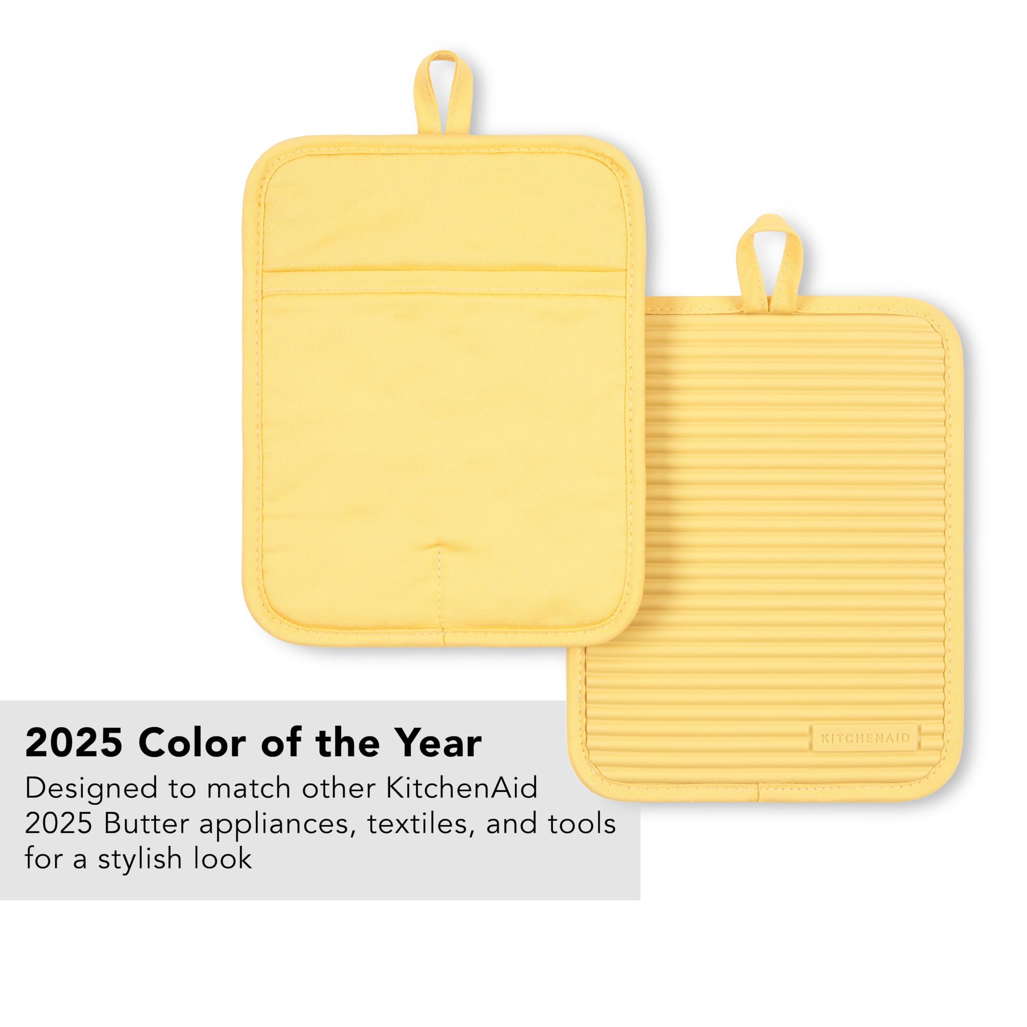 KITCHENAID Ribbed Soft Silicone Pot Holder 2-Pack Set, 2025 Color of The Year, Butter Yellow, 7x9