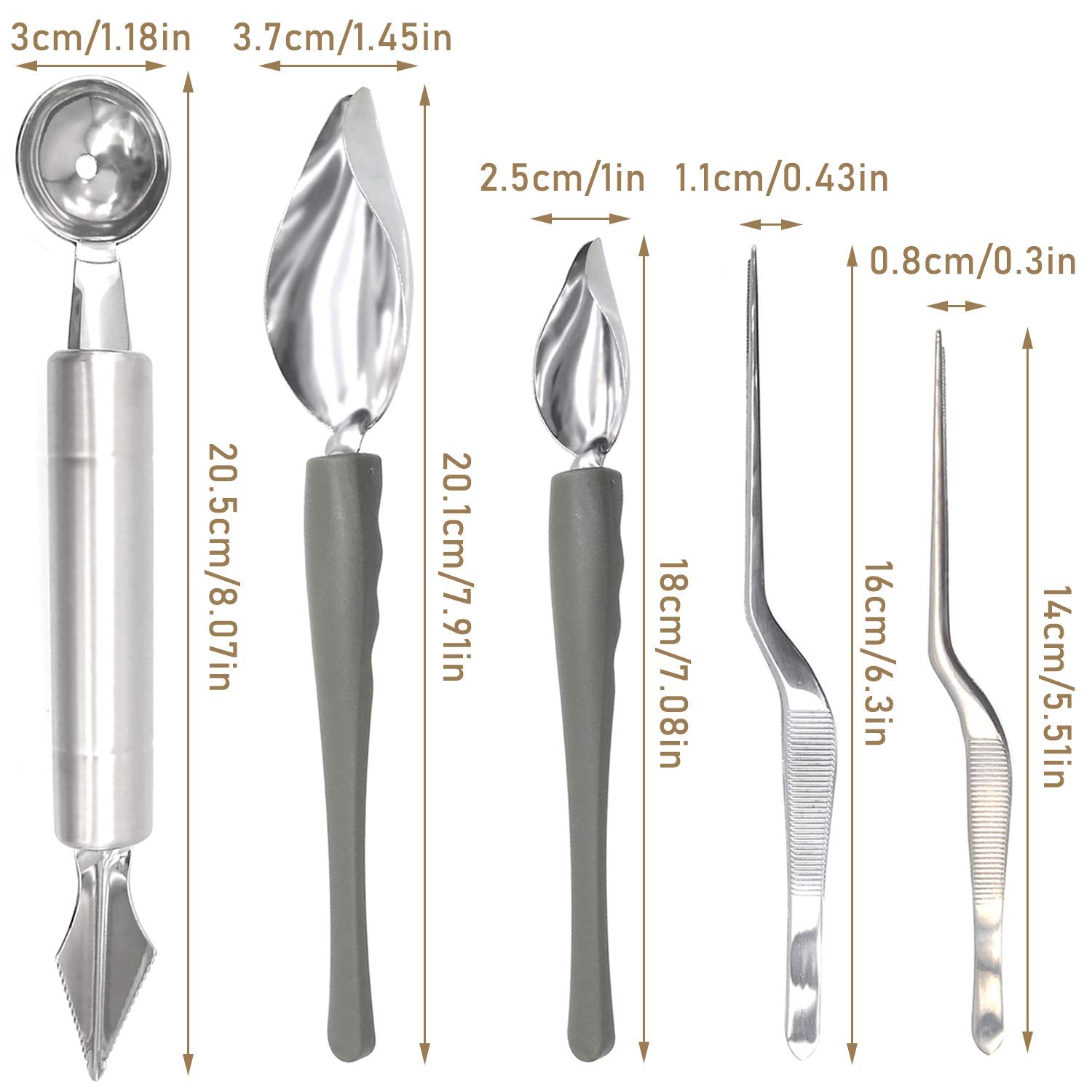 5 Pieces Culinary Drawing Decorating Spoon Set, Drizzle Spoons, Cooking Tweezers And Melon Baller Spoon, Professional Chef Tool