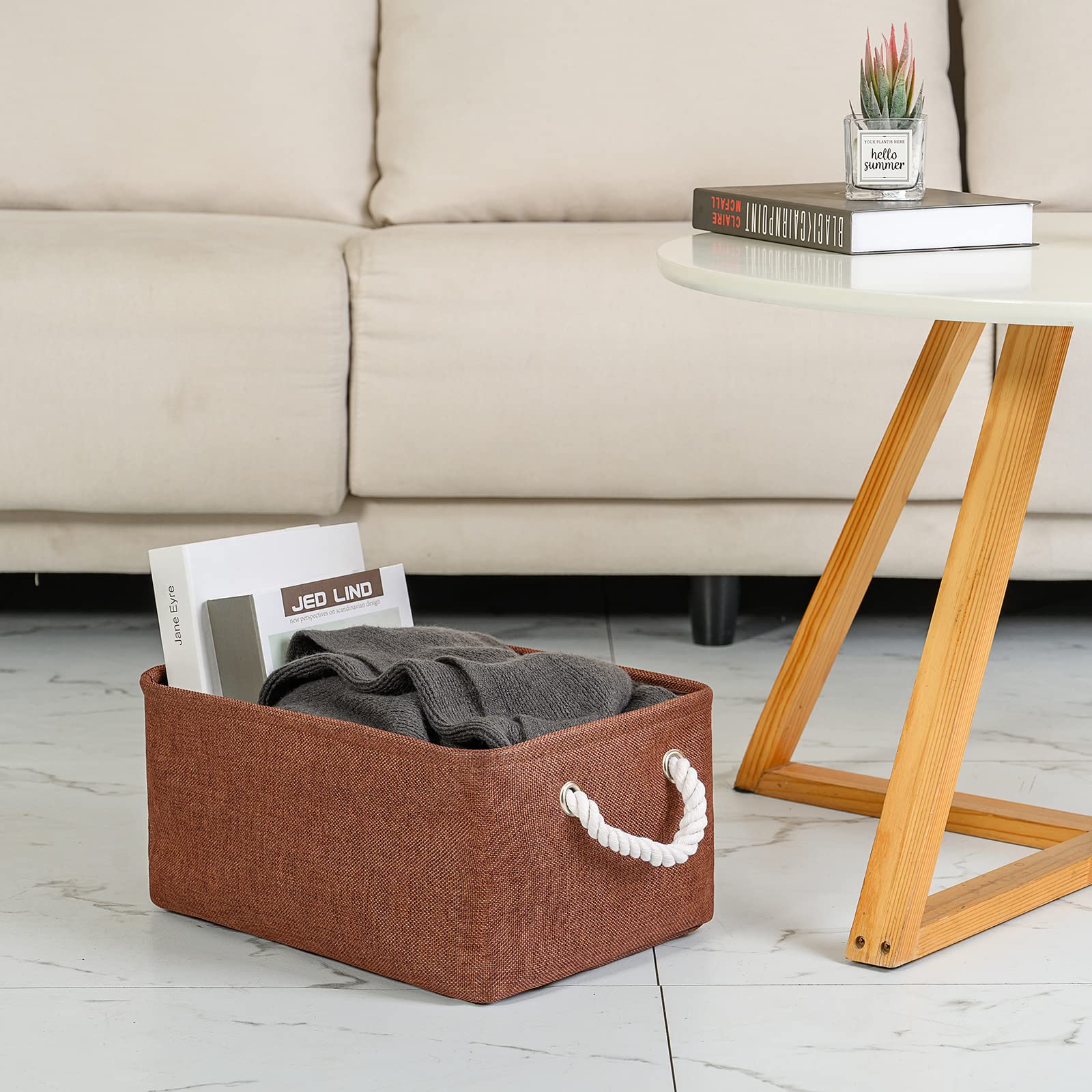 Thewarmhome Decorative Basket Rectangular Fabric Storage Bin Organizer Basket With Handles For Clothes Storage (Brown,Large-3Pac