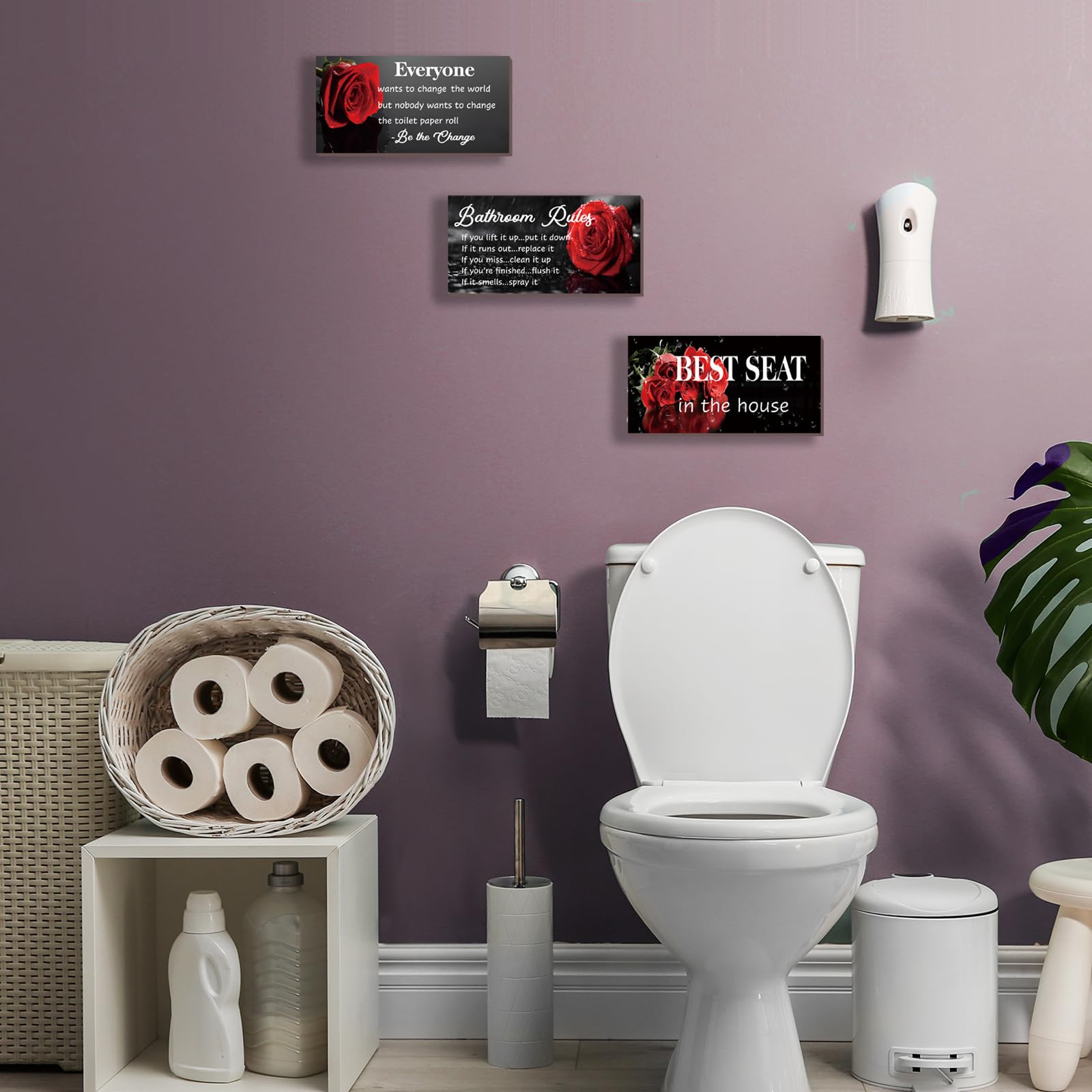 DONFENTHY 3 Pcs Red Bathroom Rules Decor Rustic Farmhouse Wooden Best Seat in The House Rose Hanging Wall Art Toilet Bathroom Ac