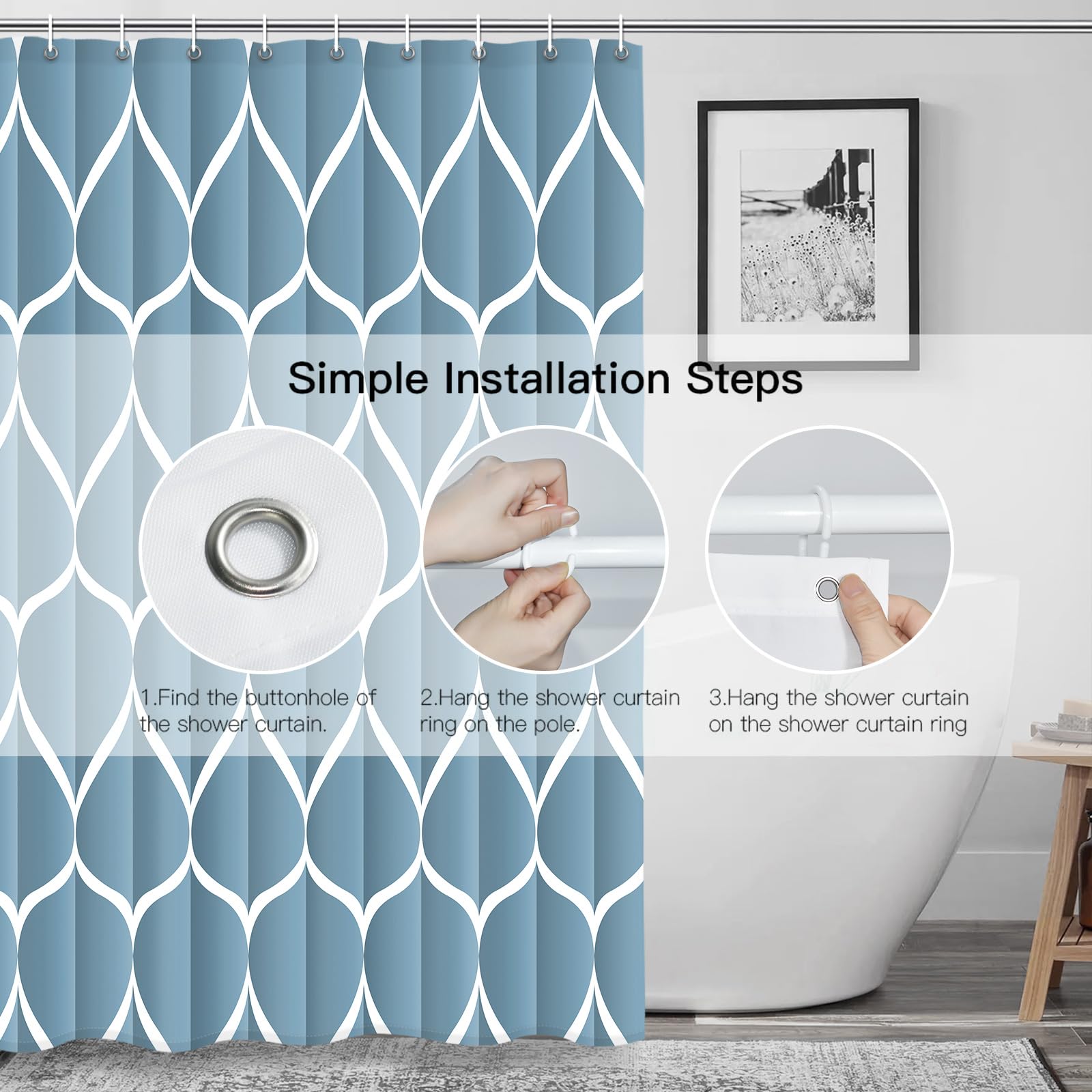 Gelbchu Moonlight Blue Shower Curtain, Waterproof Design And Polyester, Quick-Drying, Weighted Hem, Shower Curtains Set For Bath