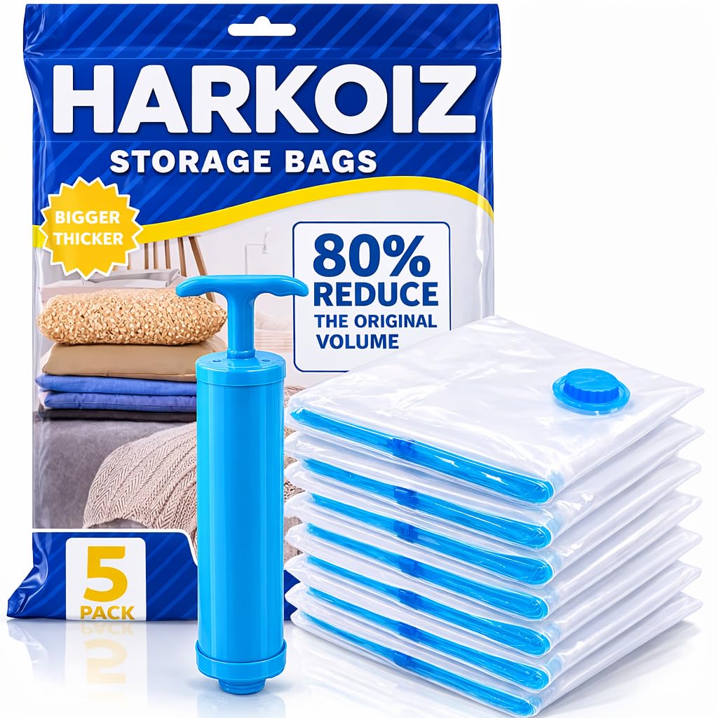 Vacuum Storage Bags For Clothes With Pump, 5 Pack (1 Large, 2 Medium, 2 Small) Space Saver Vacuum Seal Compression Bags For Clot