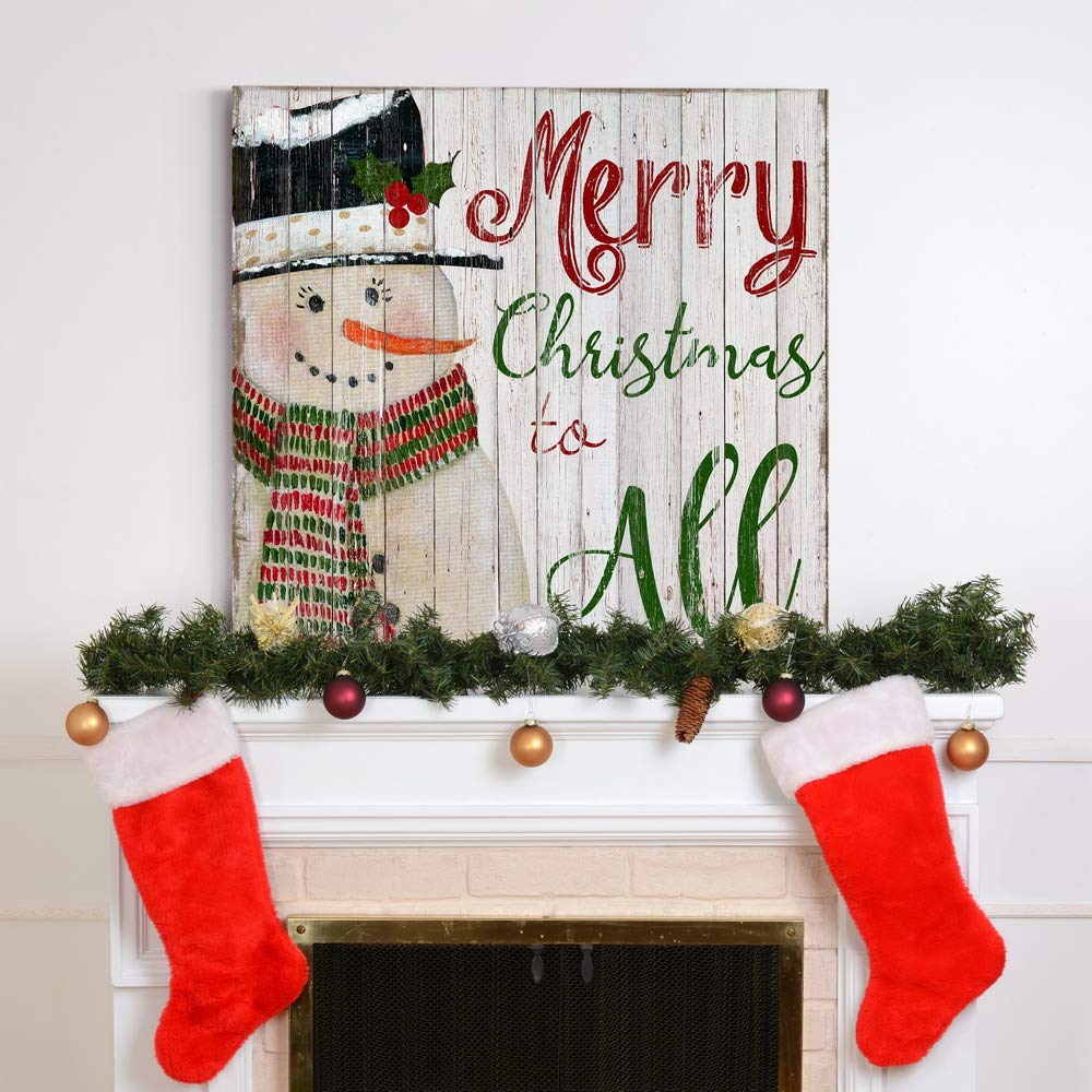 Renditions Gallery Merry Christmas To All Snowman Wall Art, Winter Artwork, Vintage Faded Faux Wood Design, Premium Gallery Wrap
