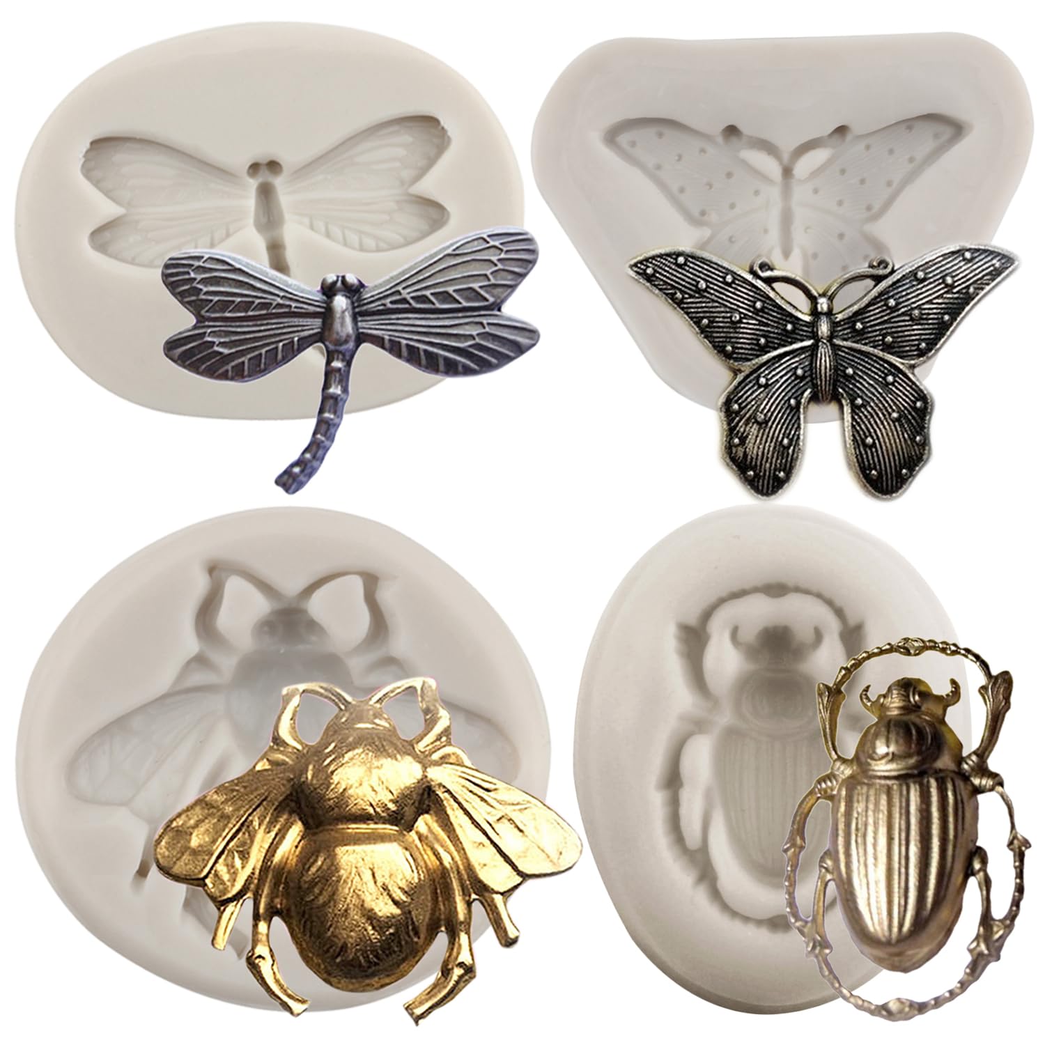 Minfeidms Insect Silicone Mold Bumble Bee Fondant Molds Butterfly Dragonfly Beetle Candy Molds For Cake Decorating Cupcake Toppe