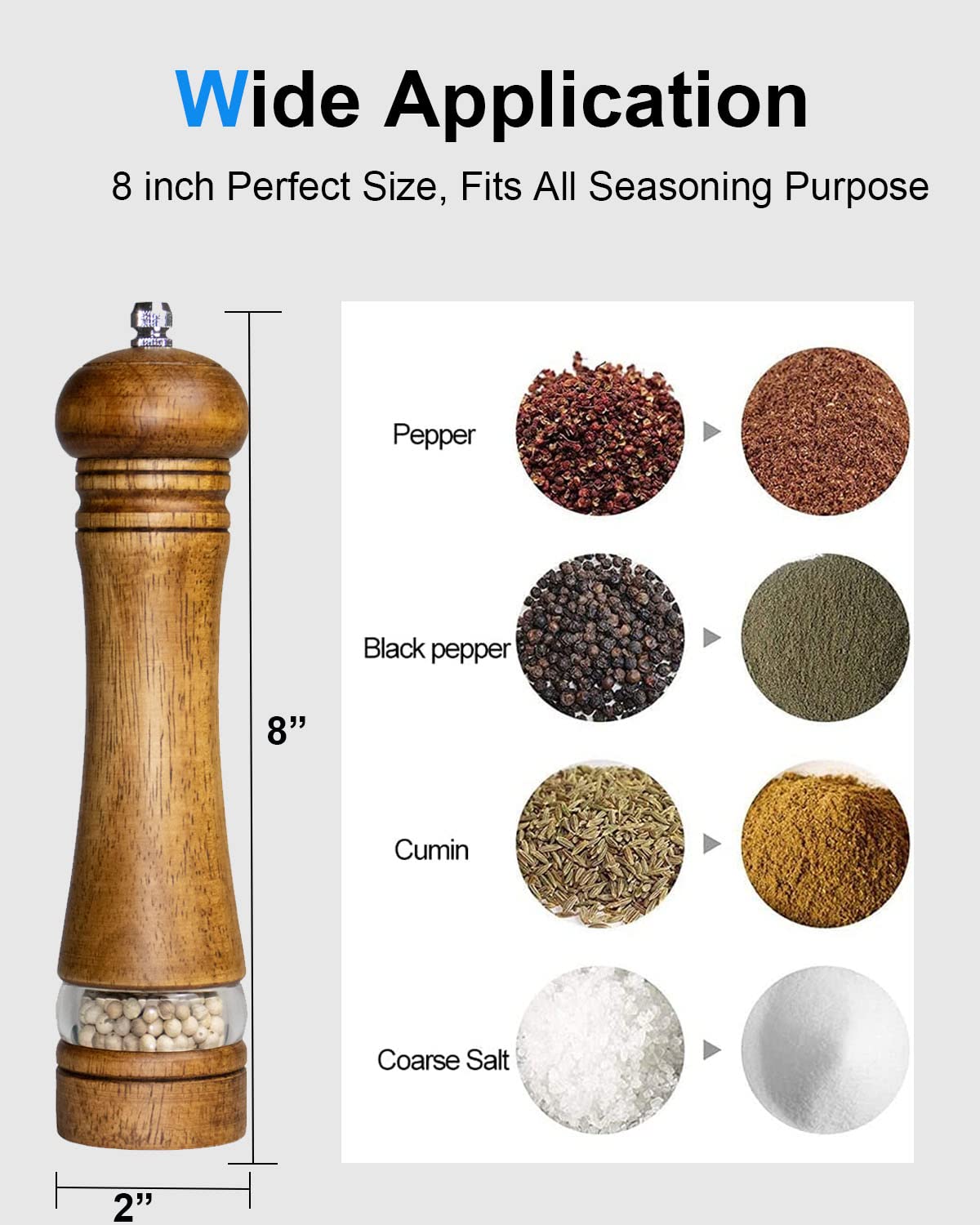 Toowoom Pepper Grinder Salt Grinder Wooden Pepper Mill Grinder W/Adjustable Coarse, 8 Inch Tall Wood Refillable Manual Pepper Gr