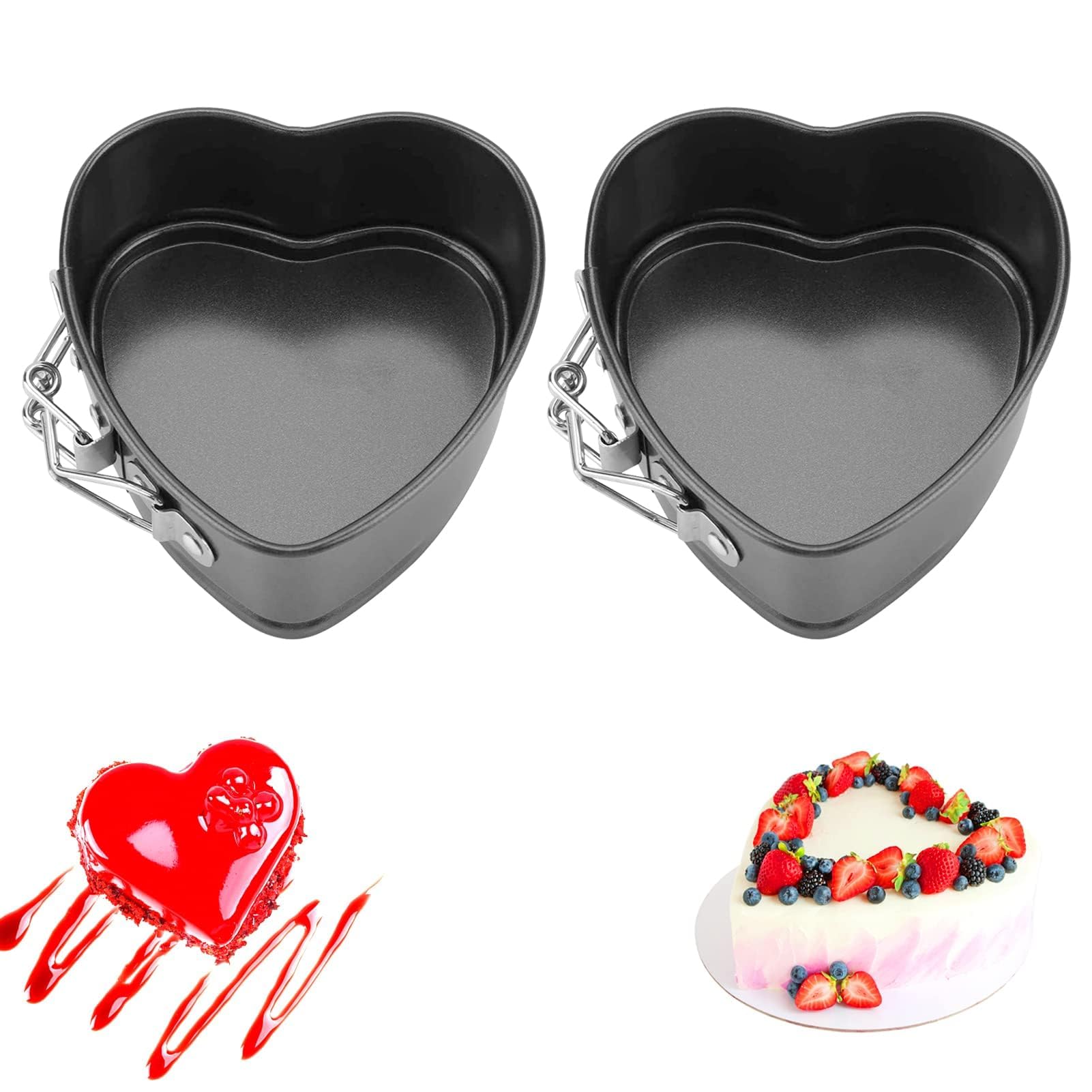 Beufee Cake Mold Heart Shape, 2Pcs Cake Pan Carbon Steel Mini Springform Pans Cake Molds For Baking With Removable Base Nonstick