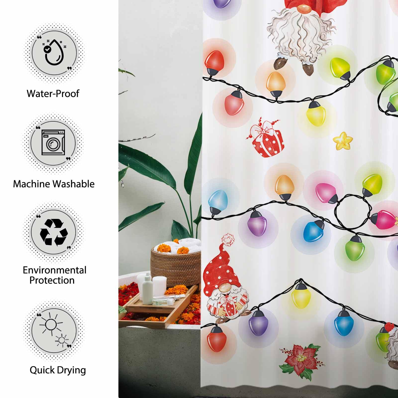 Allenjoy 72'' X 72'' Christmas Gnomes Shower Curtain Set Merry Xmas Cute Funny Bathroom Bathtubs Decor Easy Care Machine Washabl