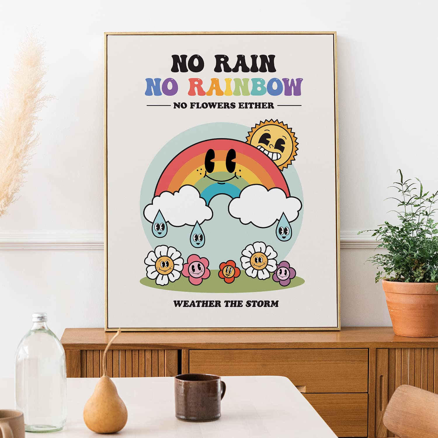 Retro Rainbow Wall Art Print Poster, Cute Wall Decor Poster, Positive Message Room Decor, Retro Character Hippie Poster