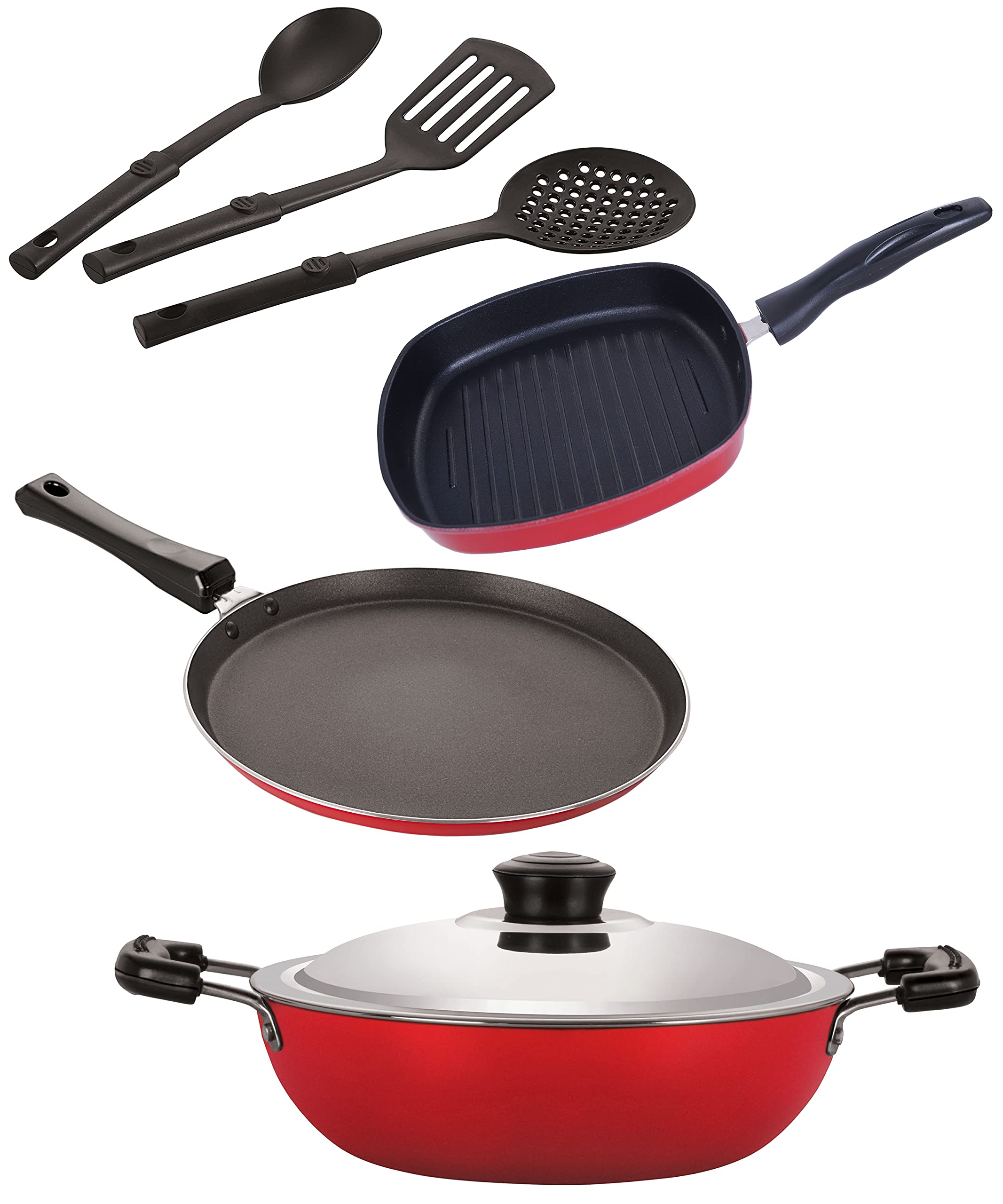 Nirlon Aluminium Nonstick Coated 6 Pcs Set Of Deep Kadhai26Cm,Grill Pan22.5Cm,Flat Tawa27Cm & 3 Spoon (2.6Mm_Dkd(J)_Gp22.5_Ft