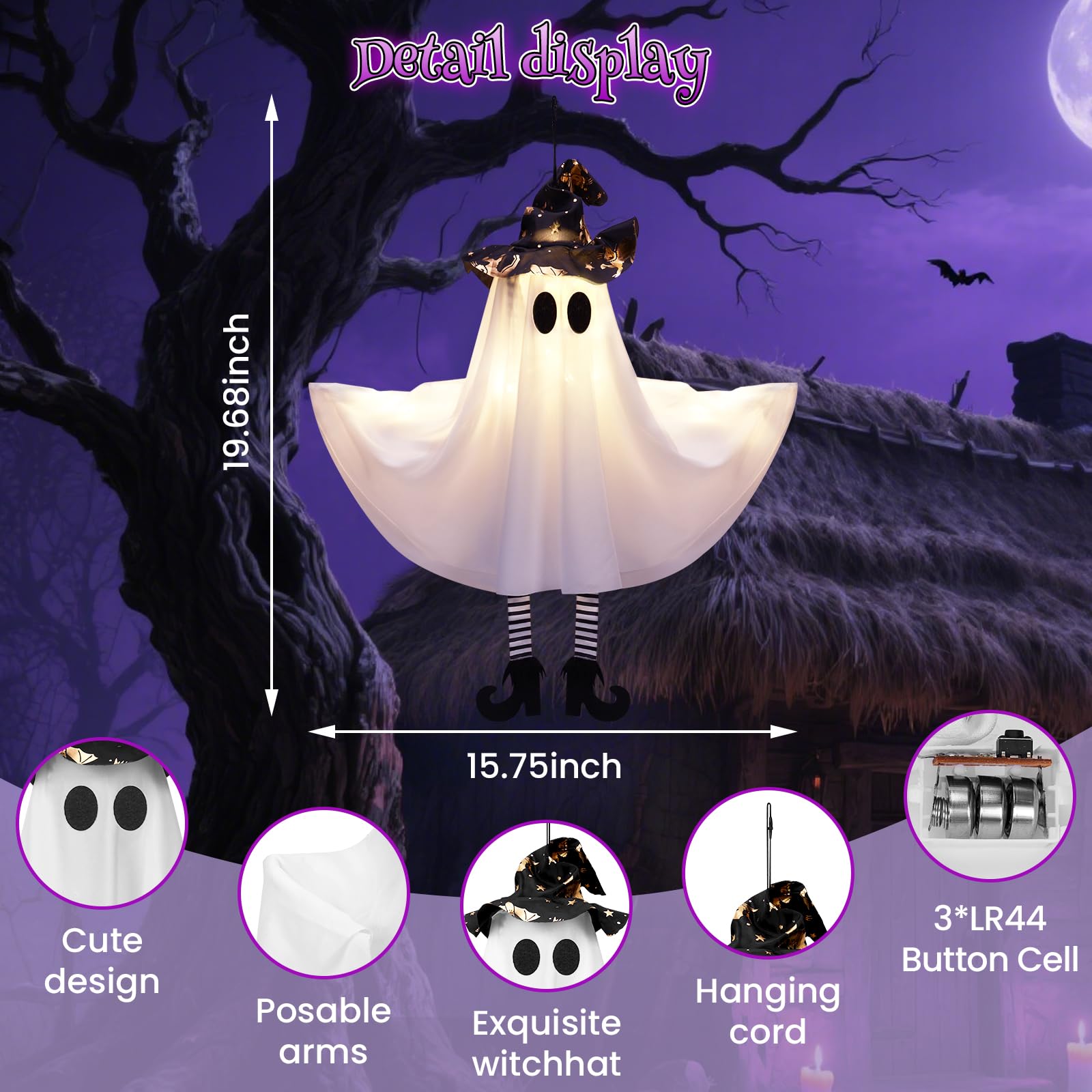 Halloween Decorations Outdoor Indoor,4 Pack Hanging Ghosts Outdoor Halloween Decor,Cute Light Up Witches Hats Ghost Decorations